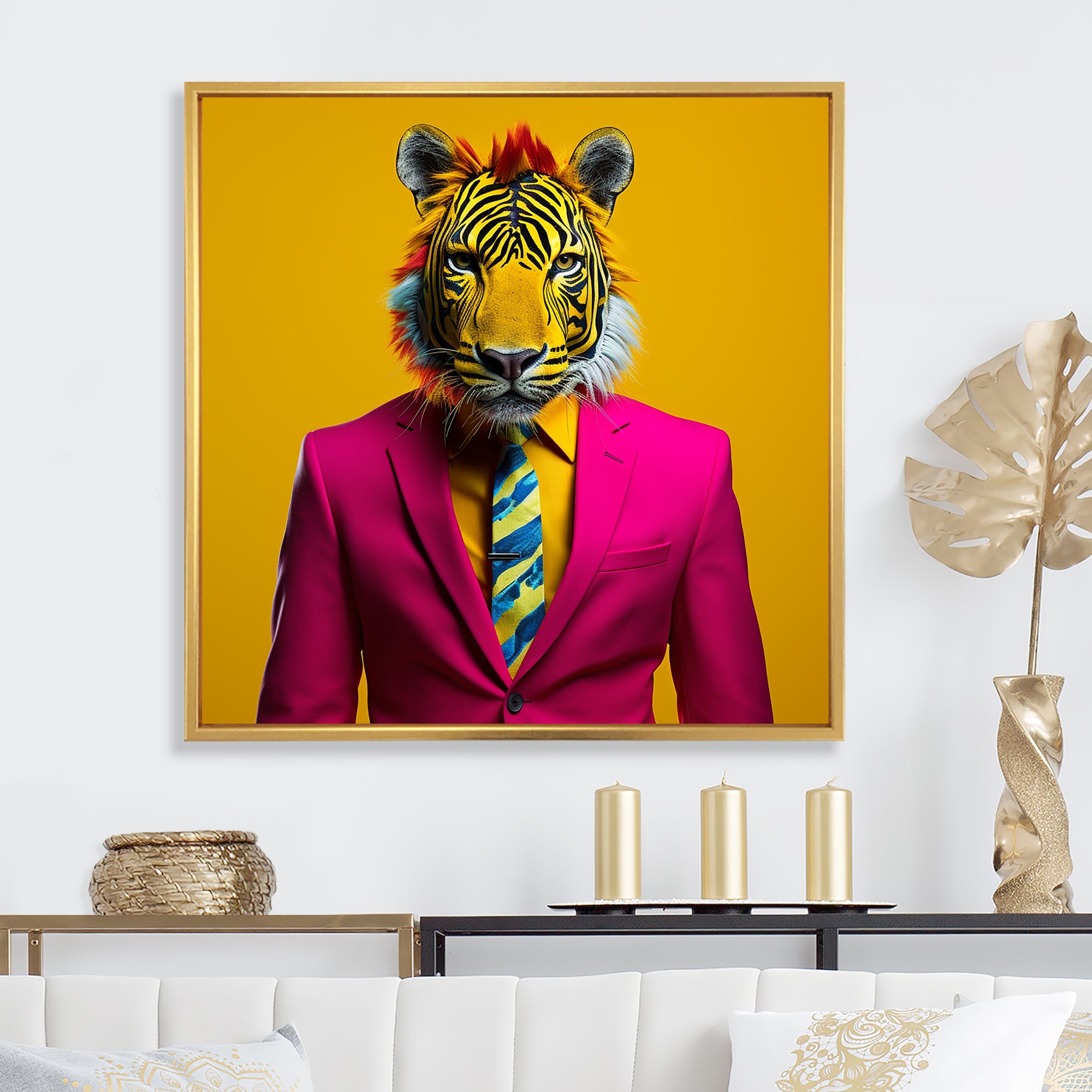 Pink suited up tiger - Tiger Fashion Framed Canvas Art