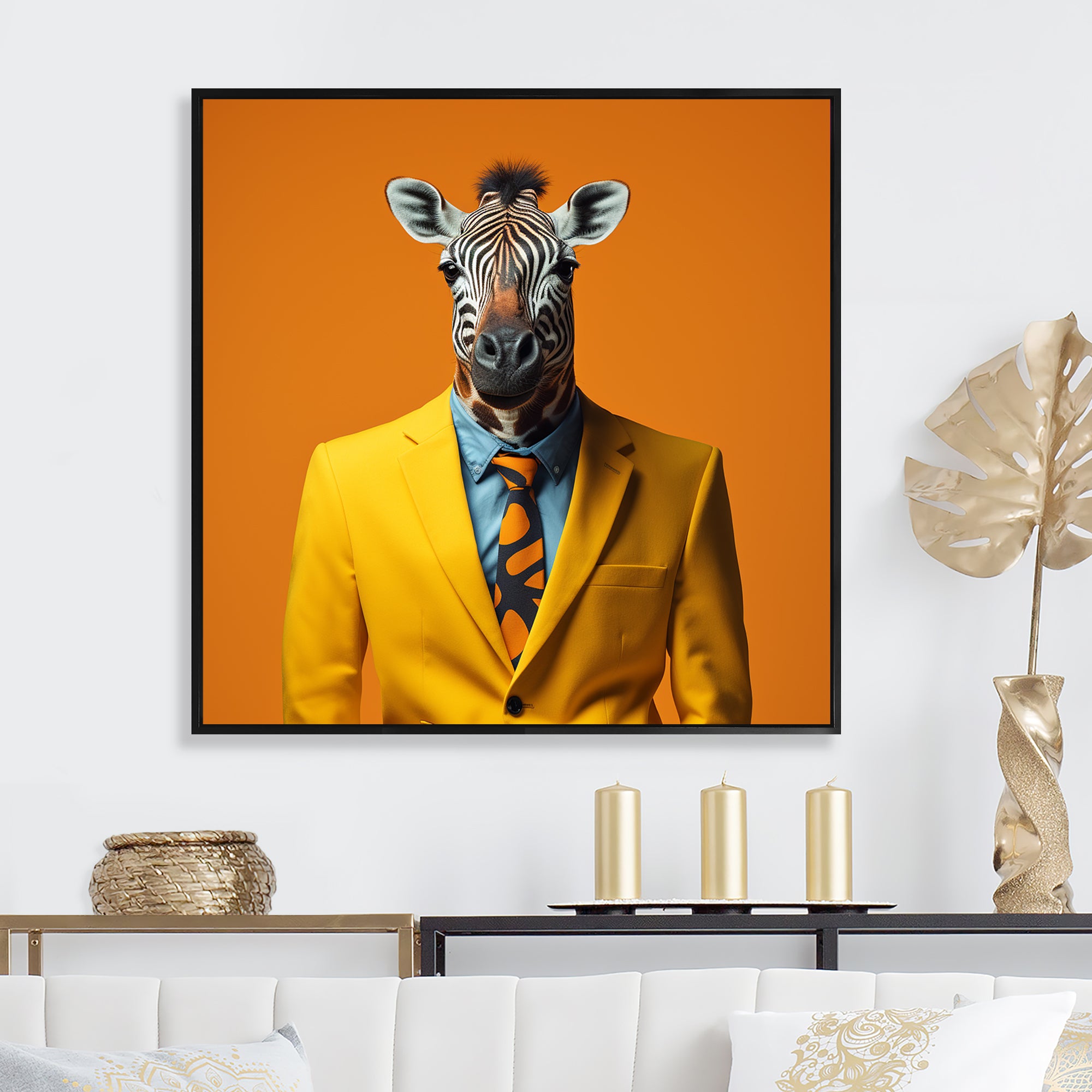 Yellow and orange suited up zebra - Zebra Fashion Bedroom Wall Art