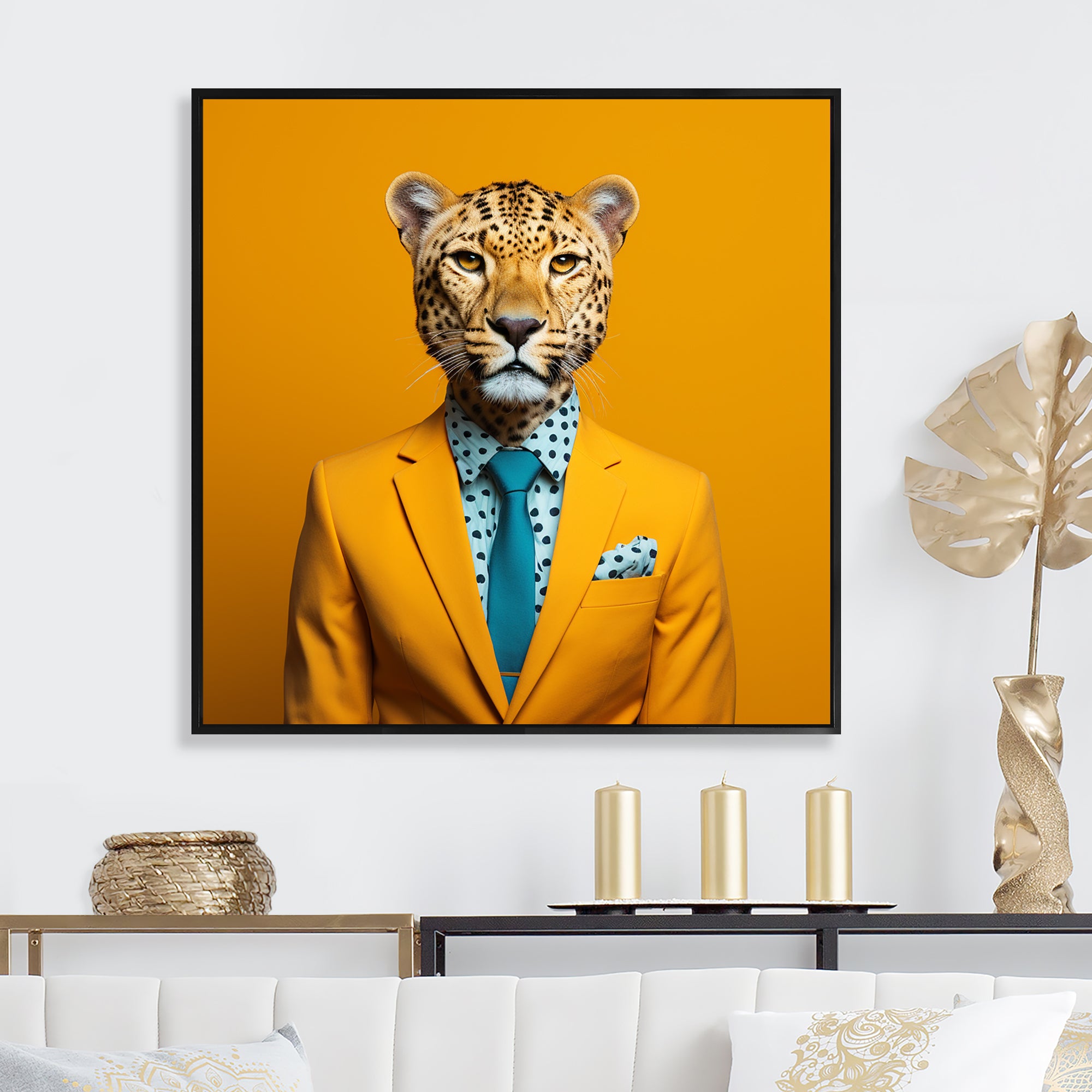 Yellow and blue suited up cheetah - Zebra Fashion Canvas Wall Art