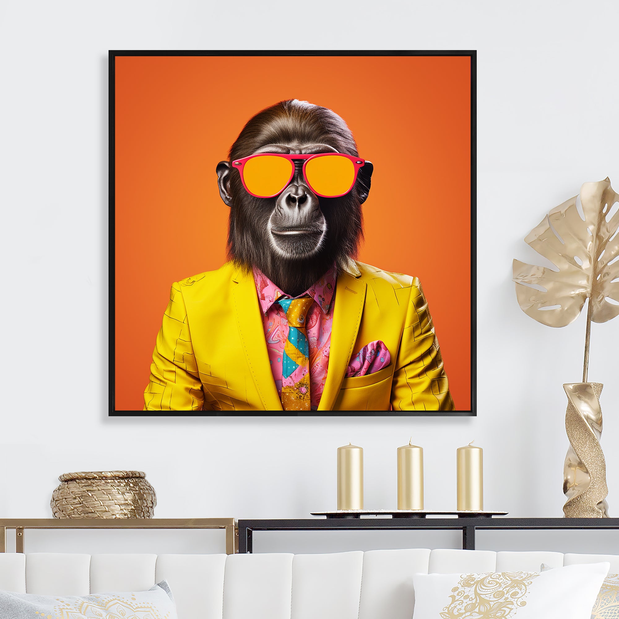 Yellow and orange suited up Monkey - Monkey Fashion Canvas Wall Art