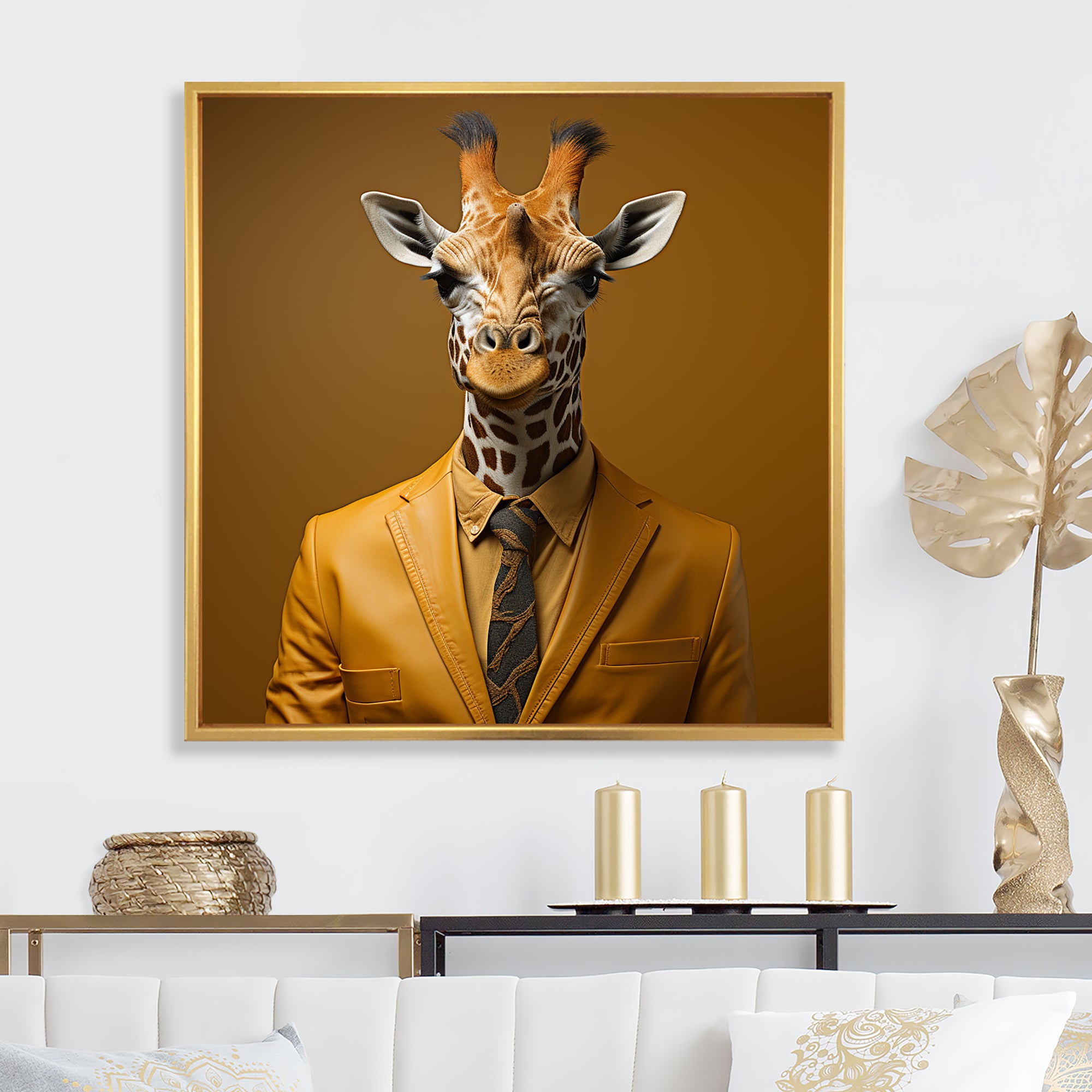Yellow and brown suited up fashion giraffe - Giraffe Fashion Wall Decor