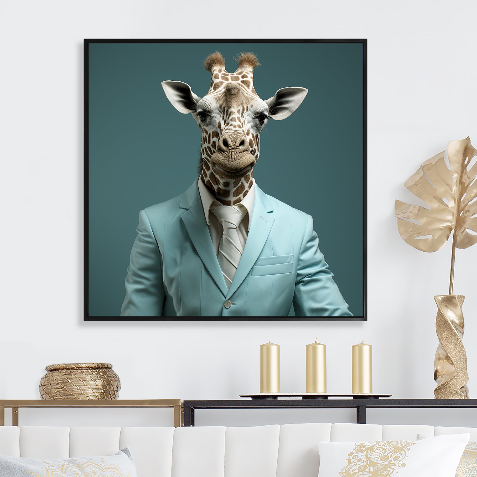 Blue and grey suited up fashion giraffe - Giraffe Fashion Wall Art Prints