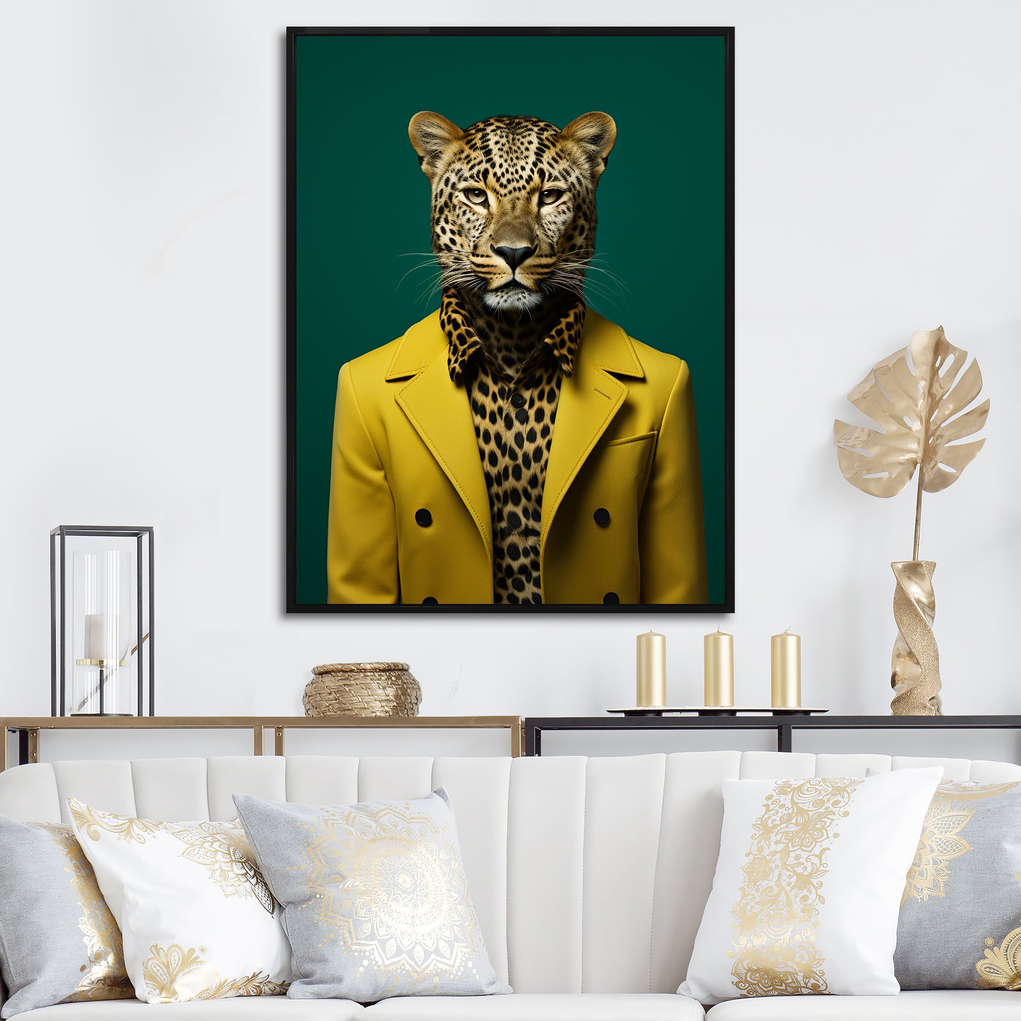Yellow and green suited up cheetah - Tiger Fashion Large Canvas Wall Art
