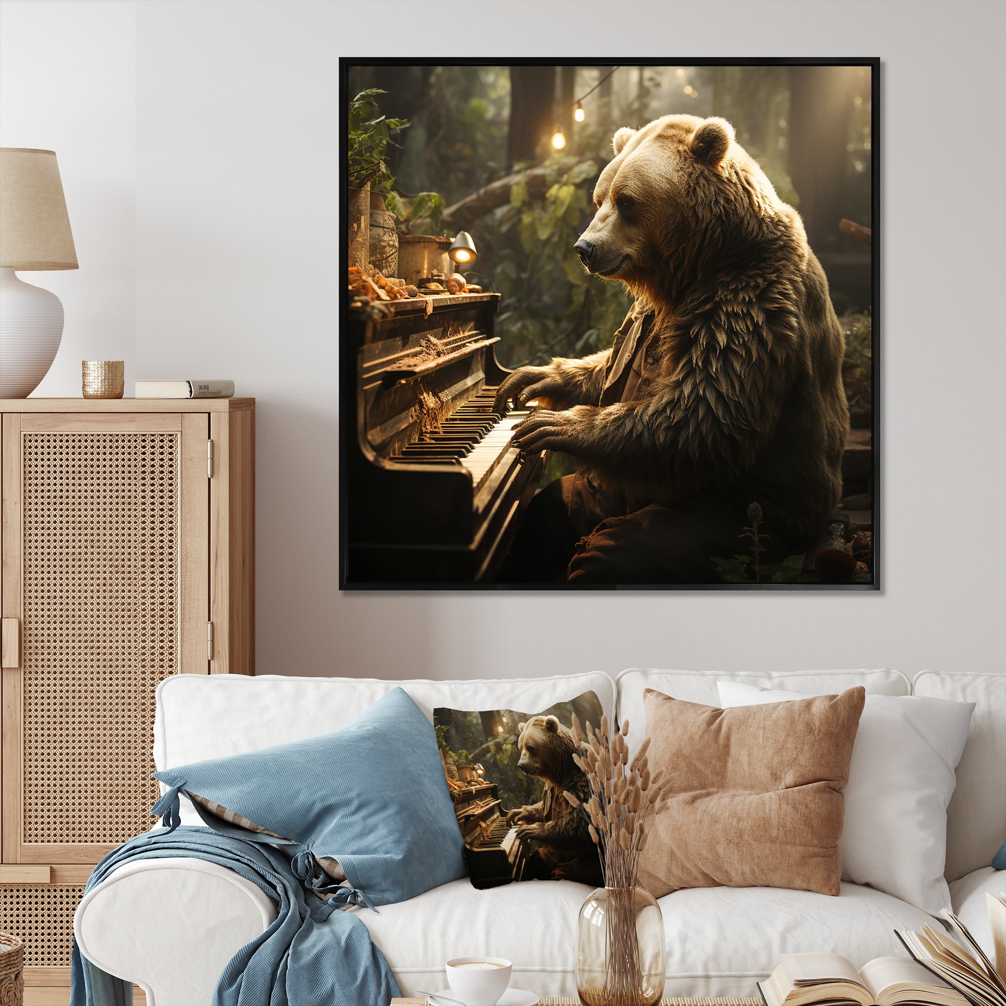 Forest bear playing piano - Bear Large Canvas Wall Art