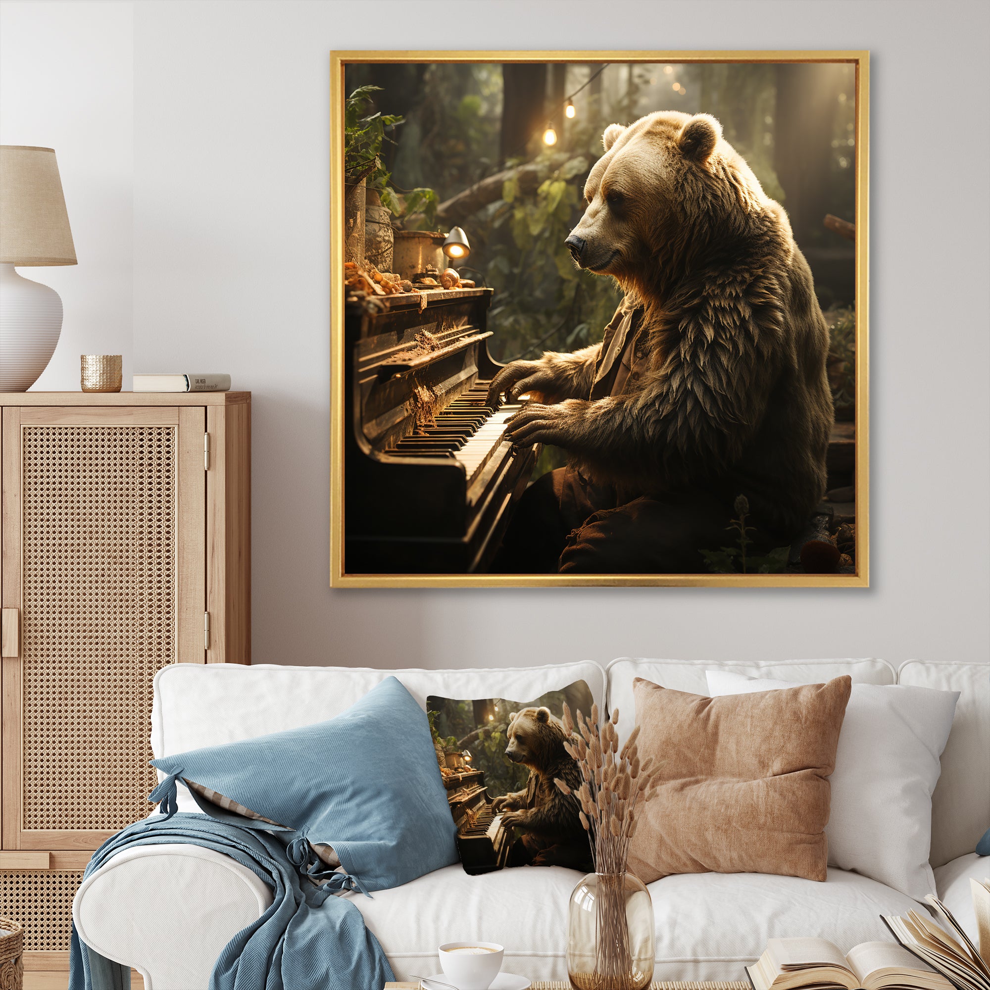 Forest bear playing piano - Bear Large Canvas Wall Art
