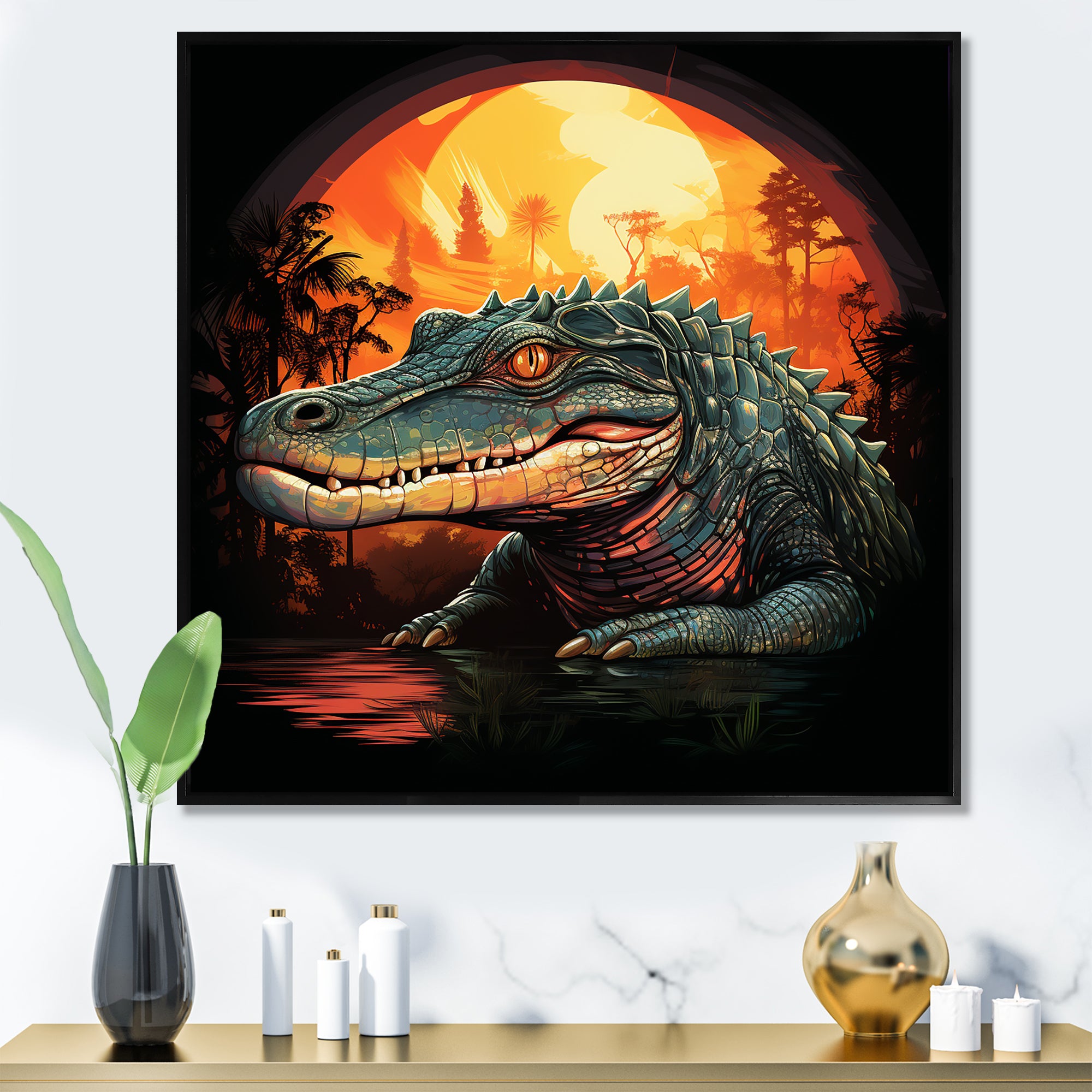 Orange and green Crocodile sunset - Crocodile Framed Canvas Art