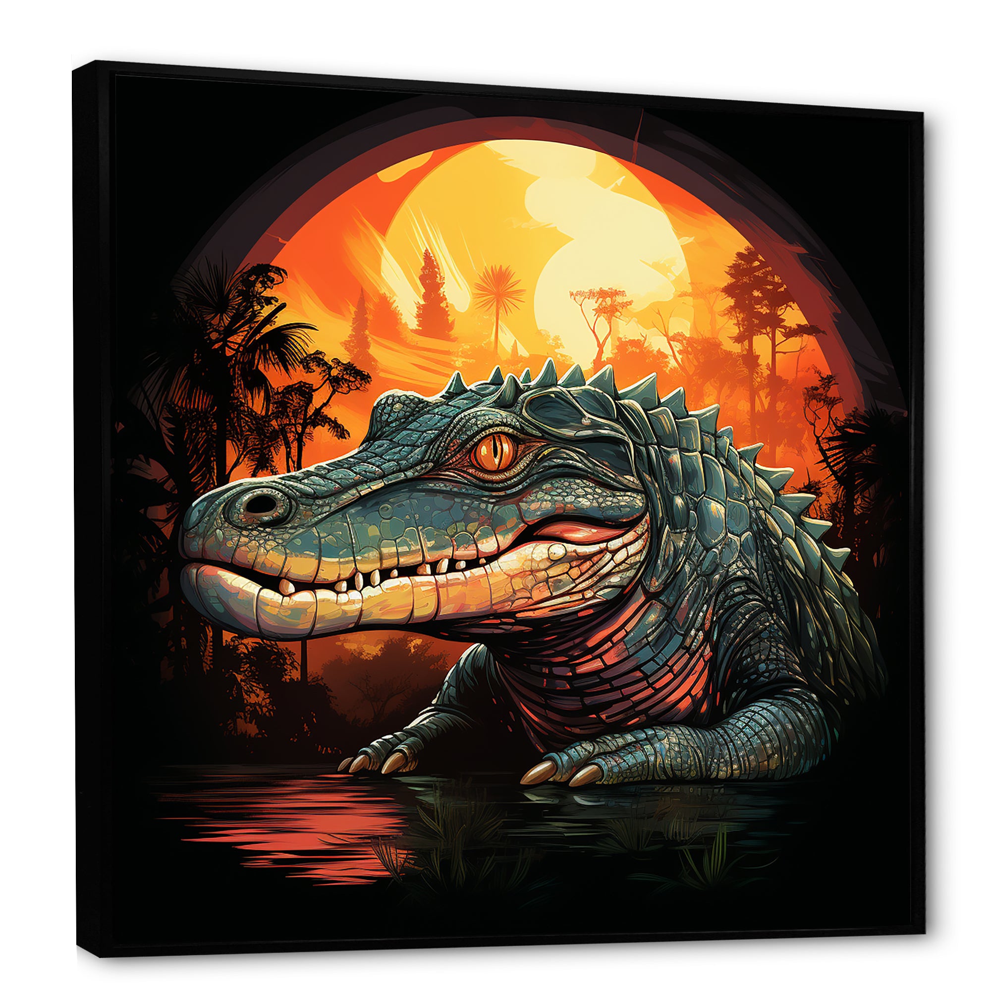 Orange and green Crocodile sunset - Crocodile Framed Canvas Art