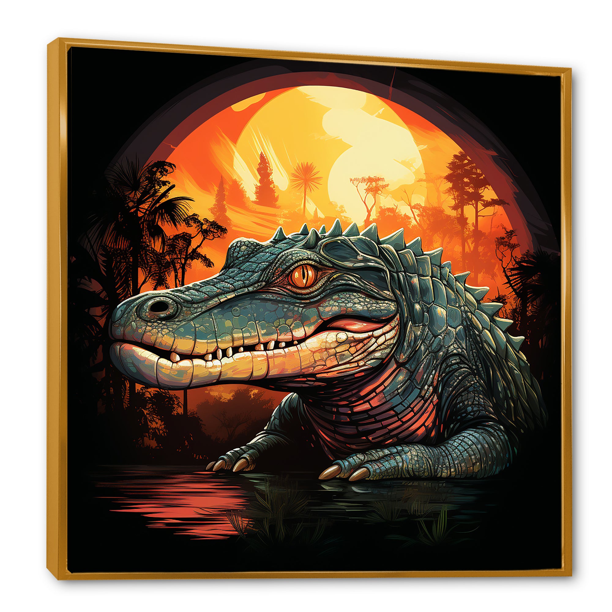 Orange and green Crocodile sunset - Crocodile Framed Canvas Art
