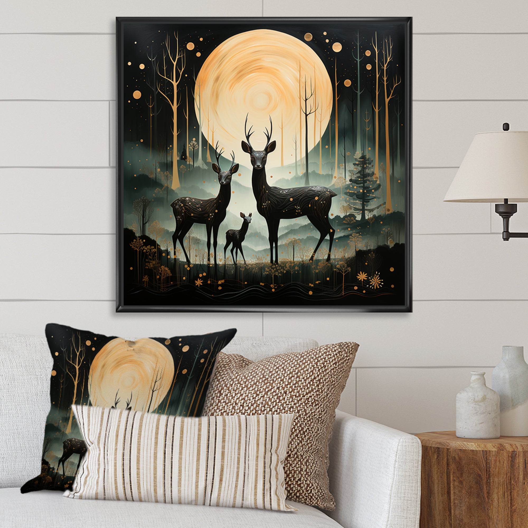 Wondering night deer family elegance - Deer Landscape Canvas Wall Art