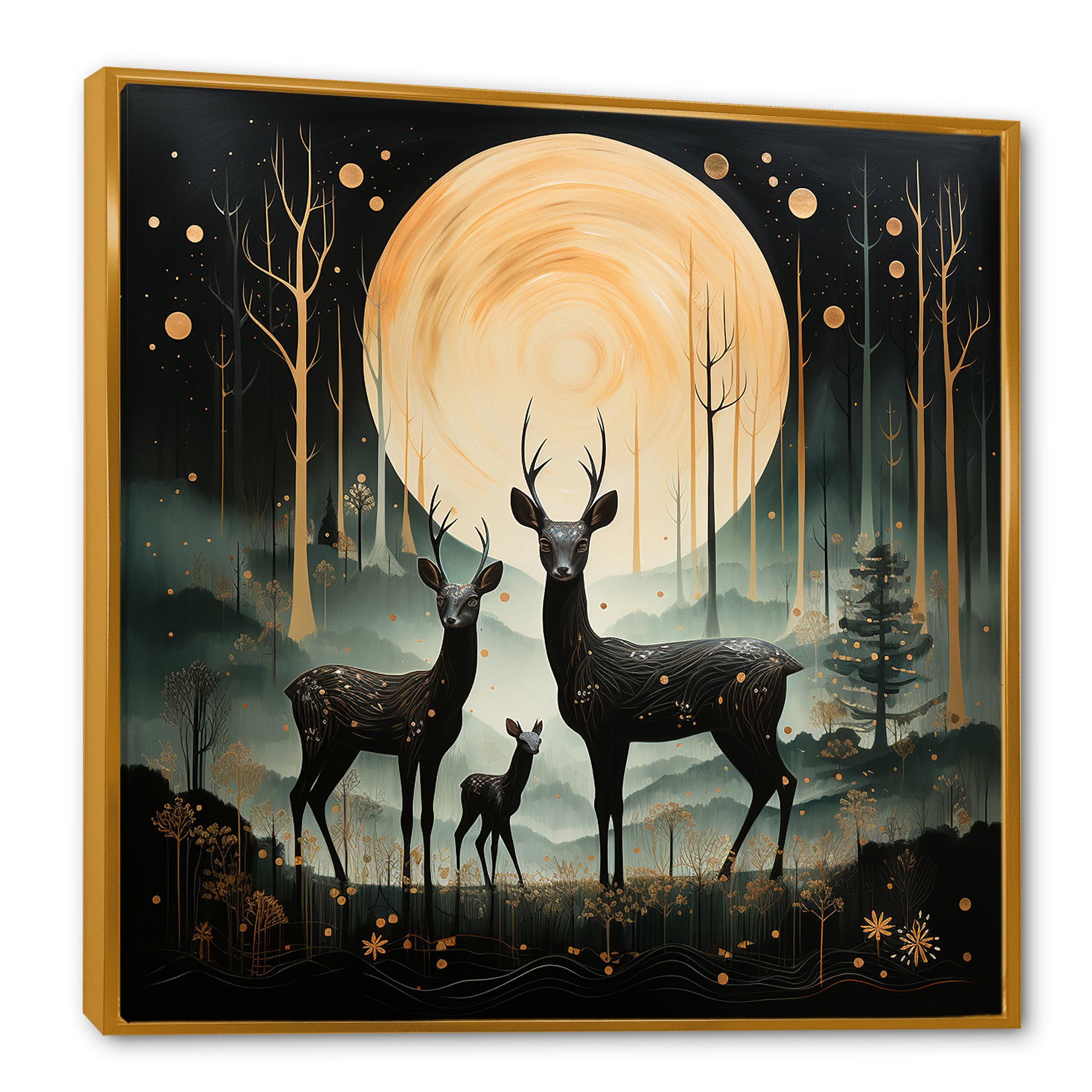 Wondering night deer family elegance - Deer Landscape Canvas Wall Art