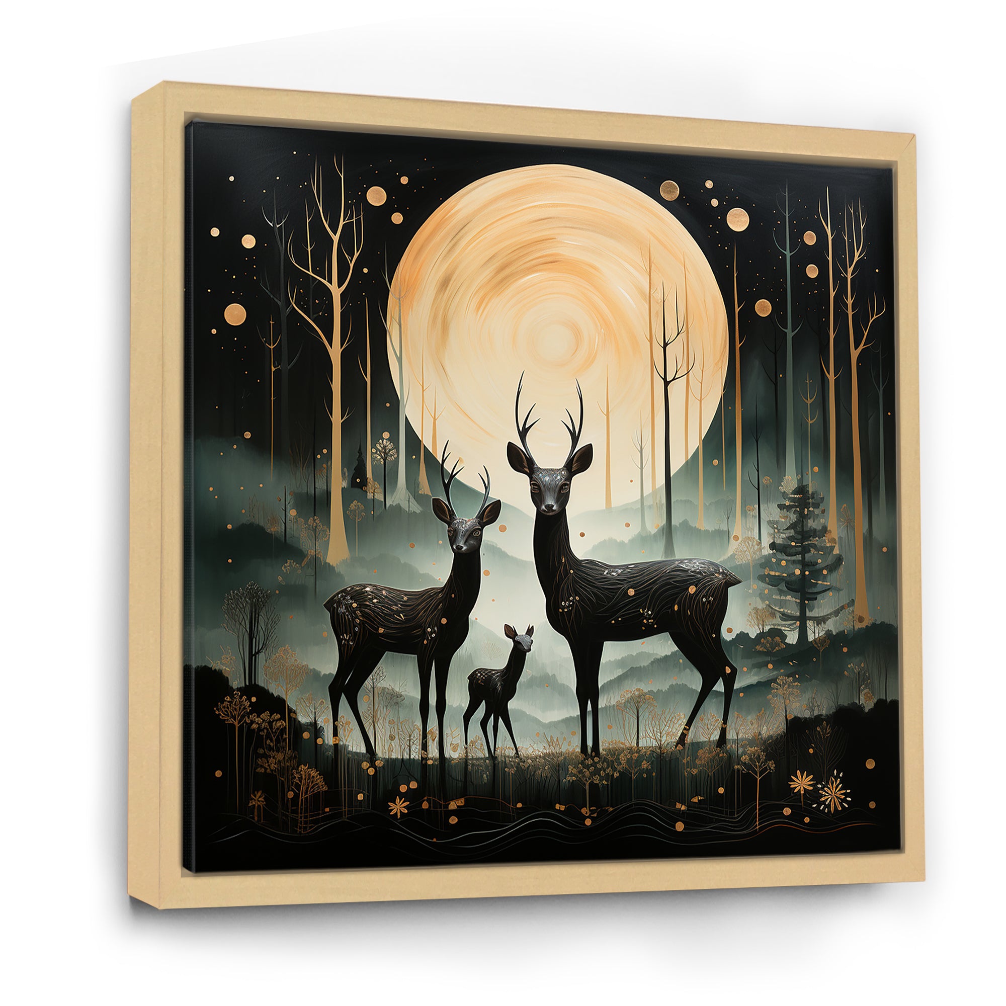 Wondering night deer family elegance - Deer Landscape Canvas Wall Art