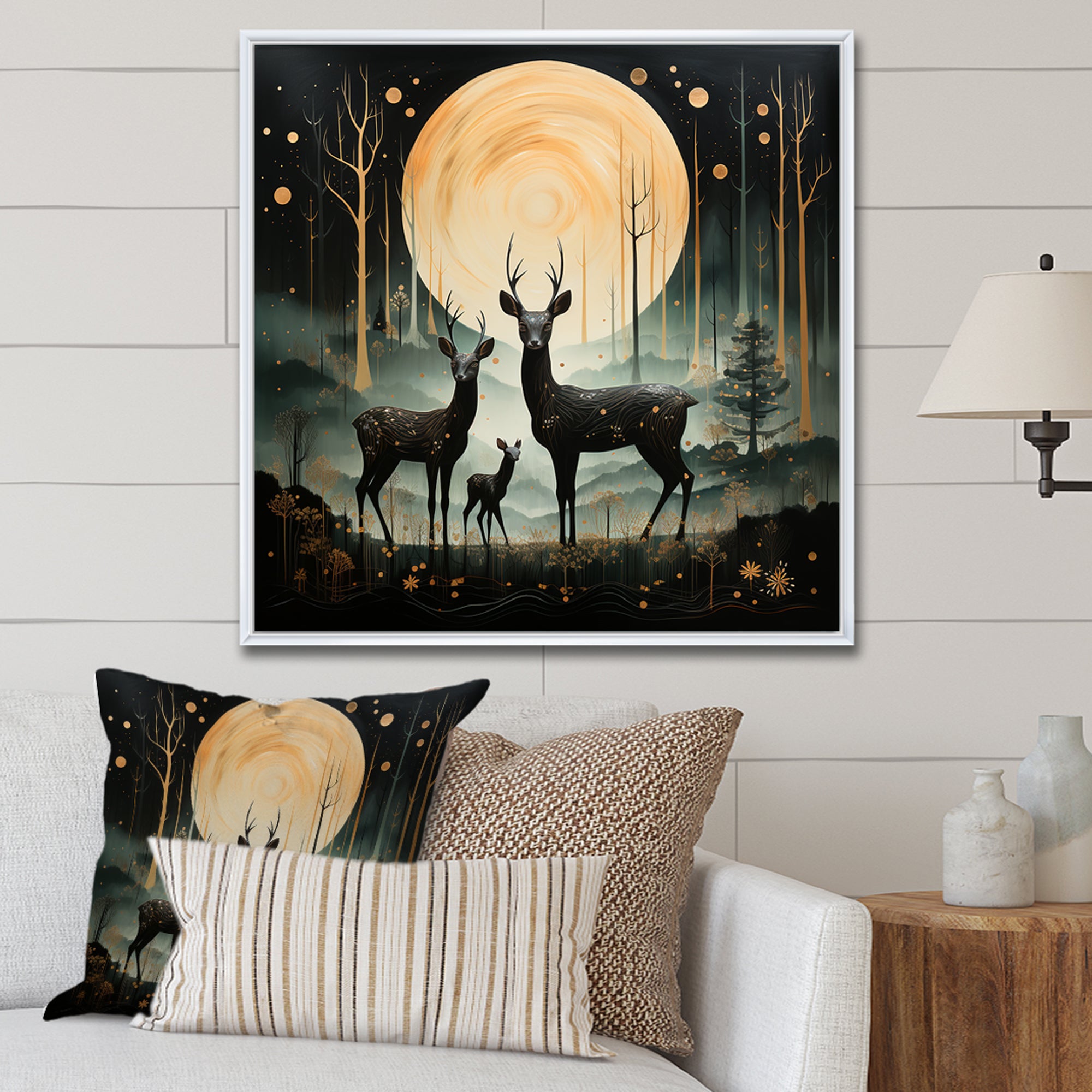 Wondering night deer family elegance - Deer Landscape Canvas Wall Art