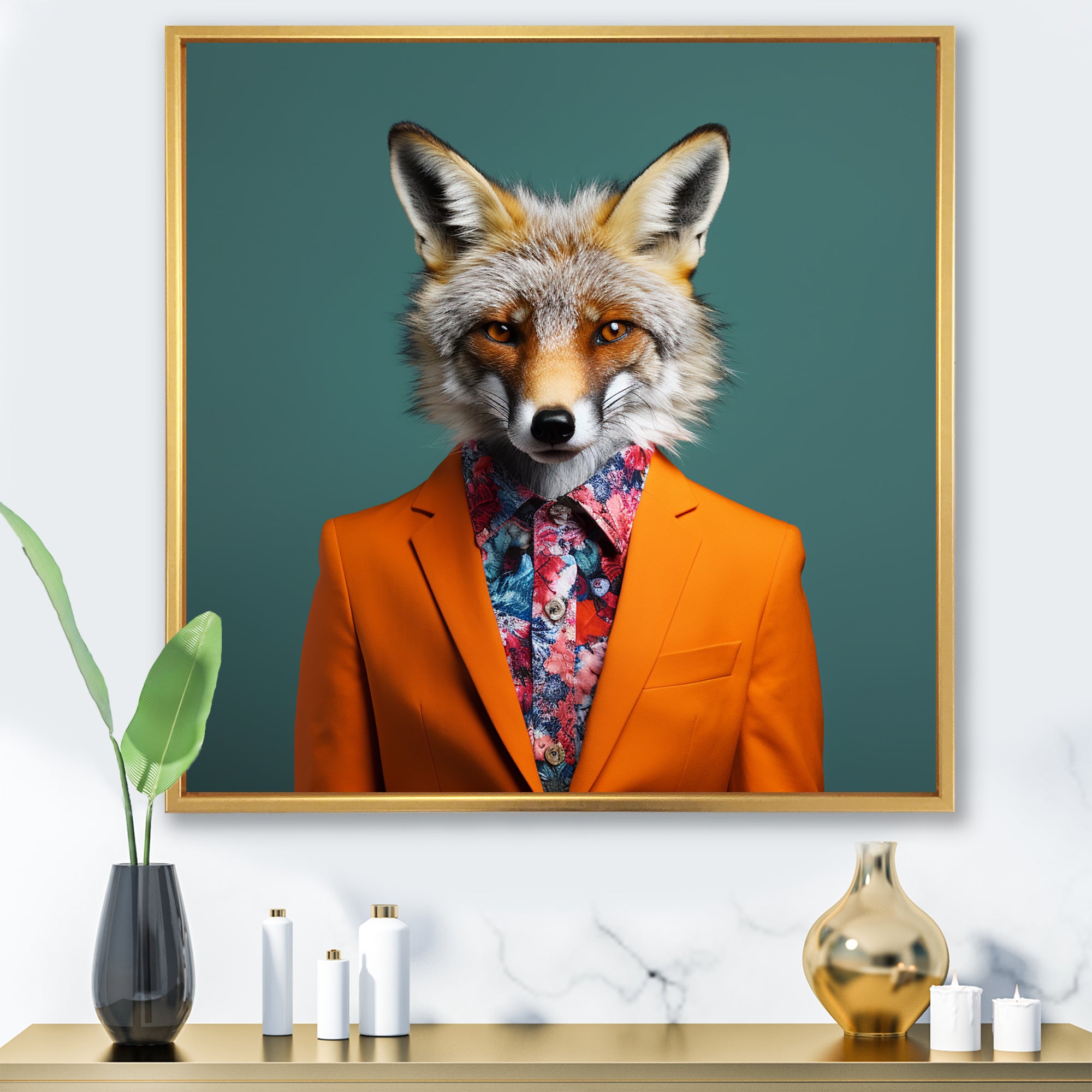 Orange and green suited up fox fashion - Orange Fox Wall Art