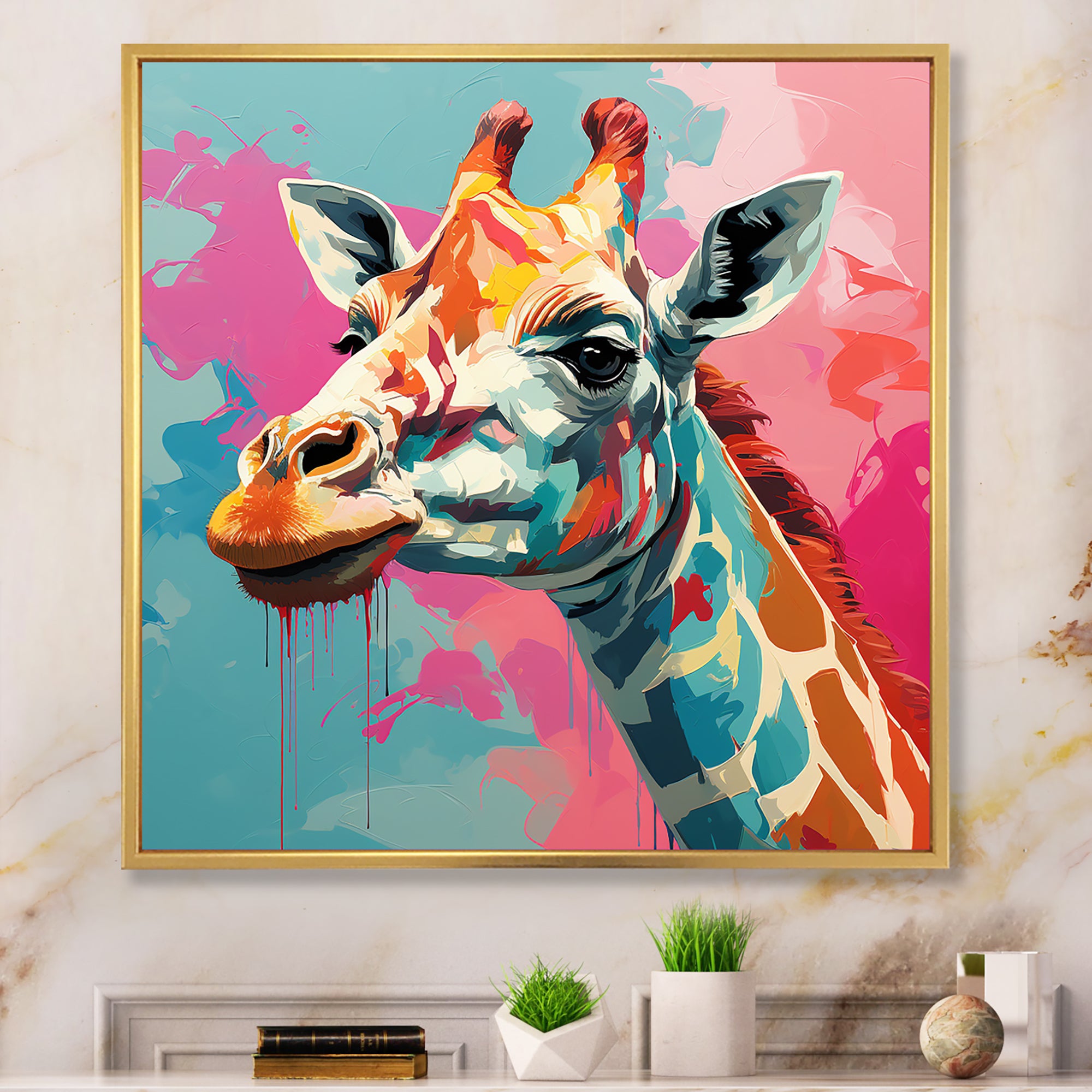 Pink and green Giraffe Portrait - Pink Giraffe Wall Art