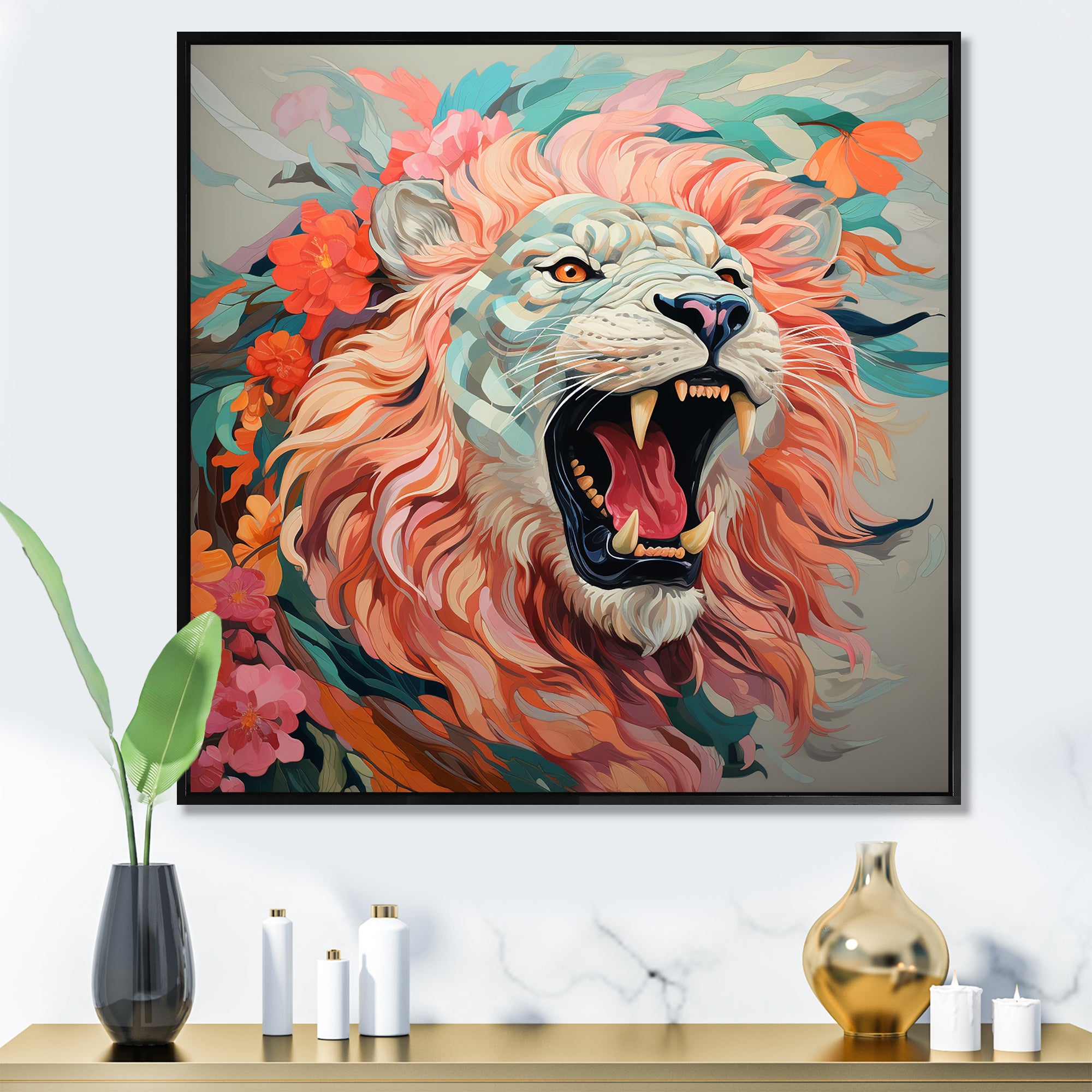 Pink and Grey Lion roar - Pink Lion Wall Art