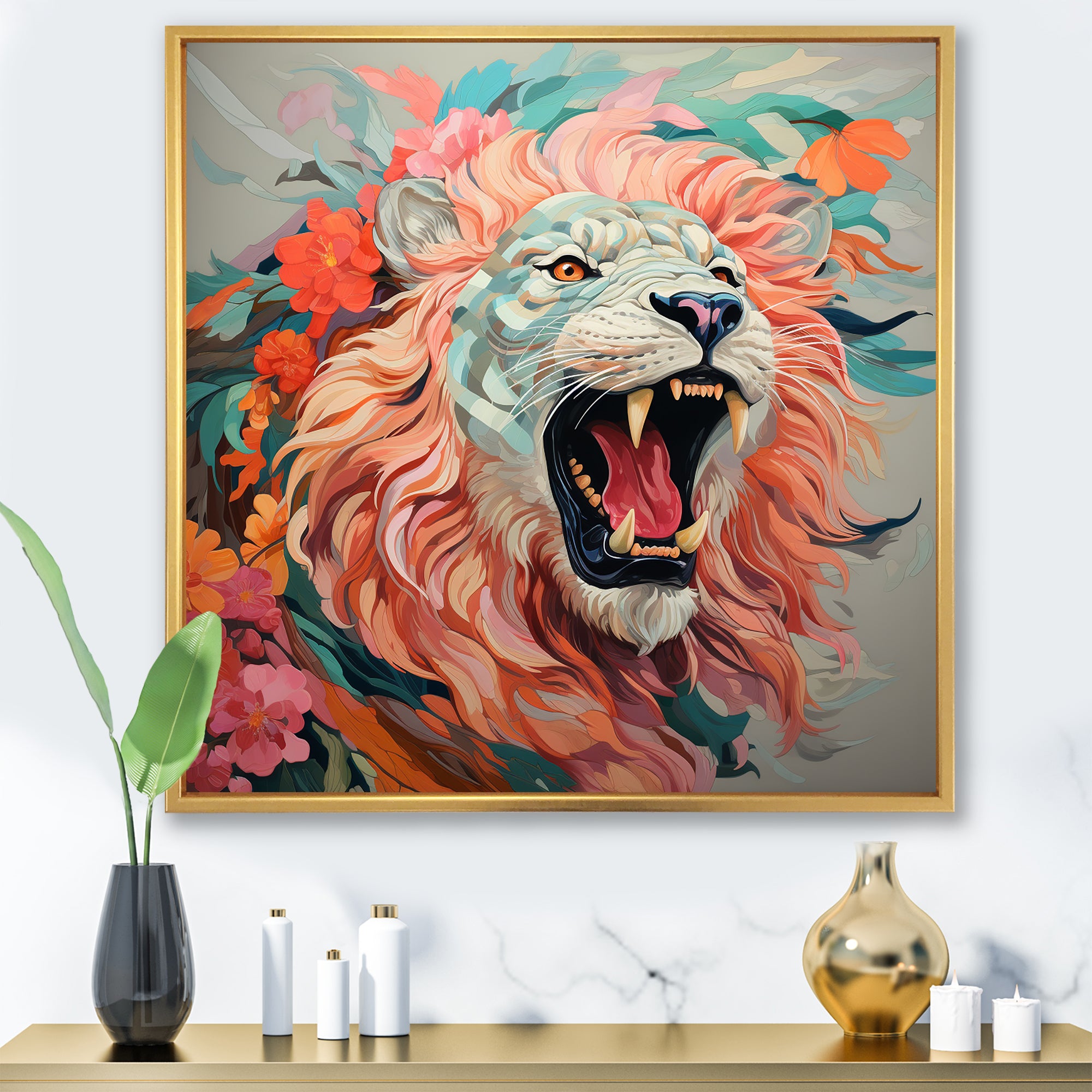 Pink and Grey Lion roar - Pink Lion Wall Art