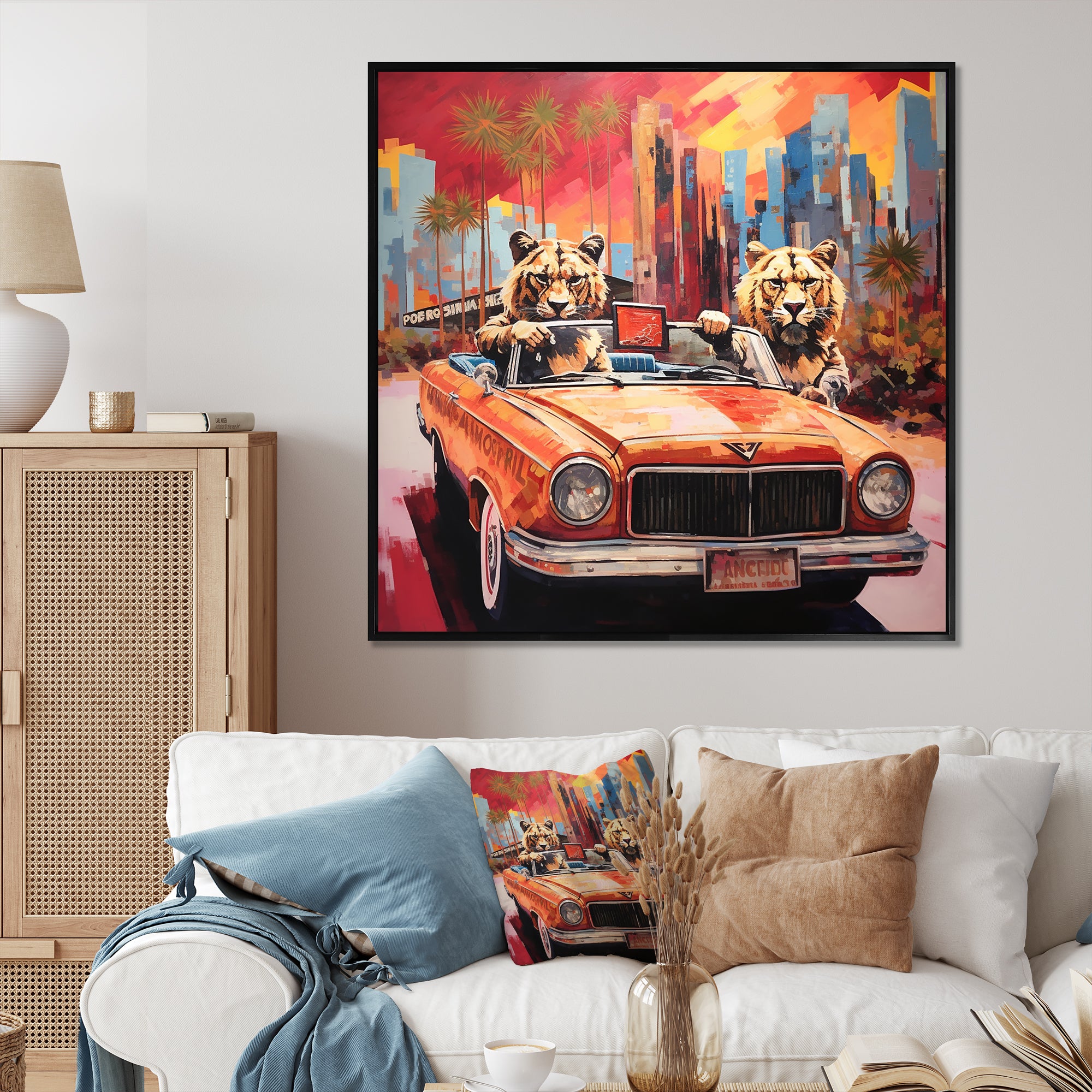 Lions riding in convertible - Lion Large Canvas Wall Art