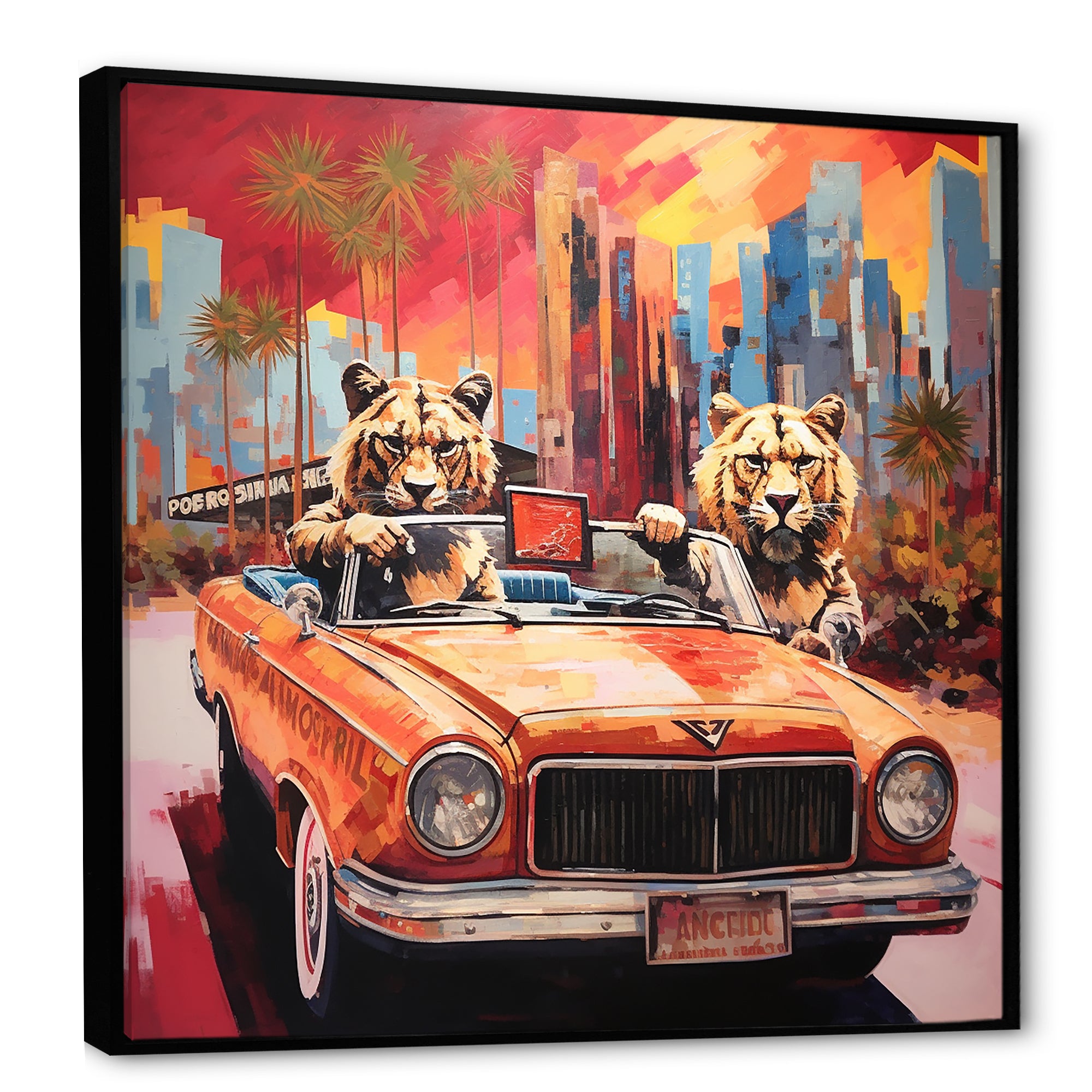 Lions riding in convertible - Lion Large Canvas Wall Art