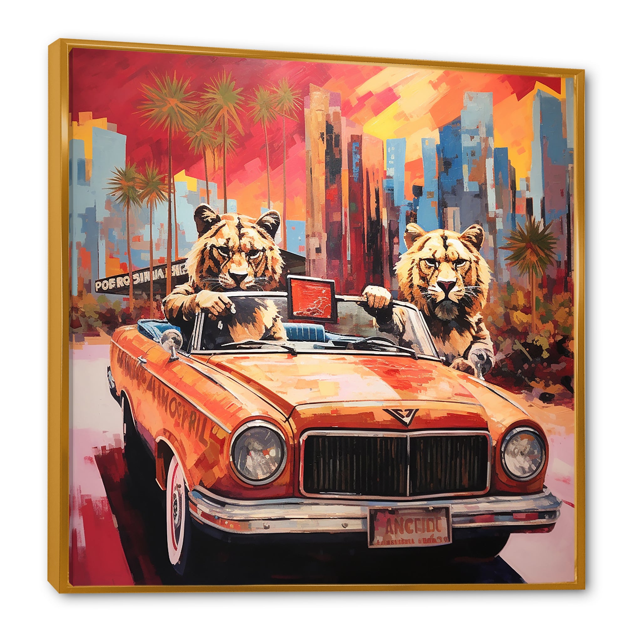 Lions riding in convertible - Lion Large Canvas Wall Art