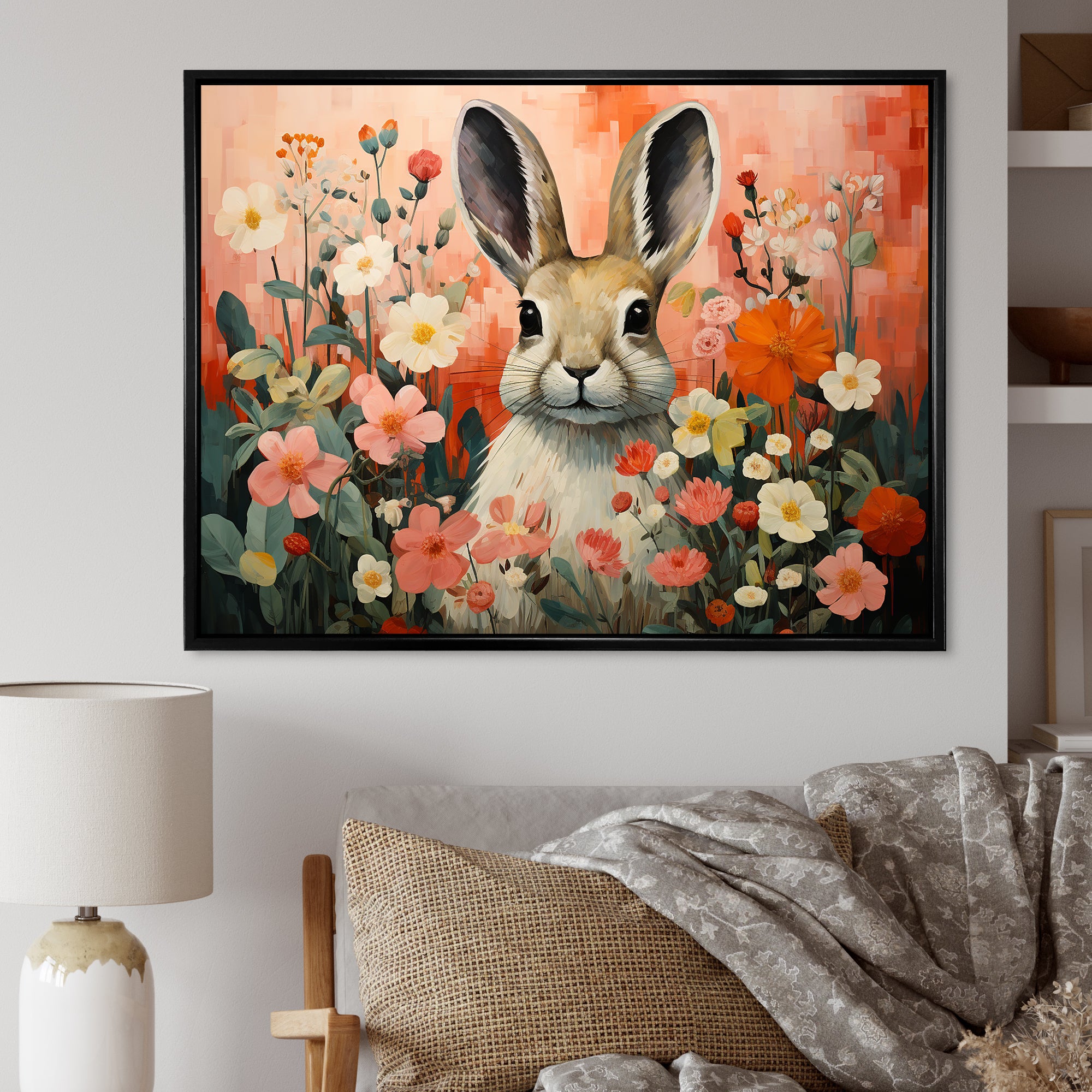 Pink Rabbit flower meadows - Rabbit Framed Canvas Art