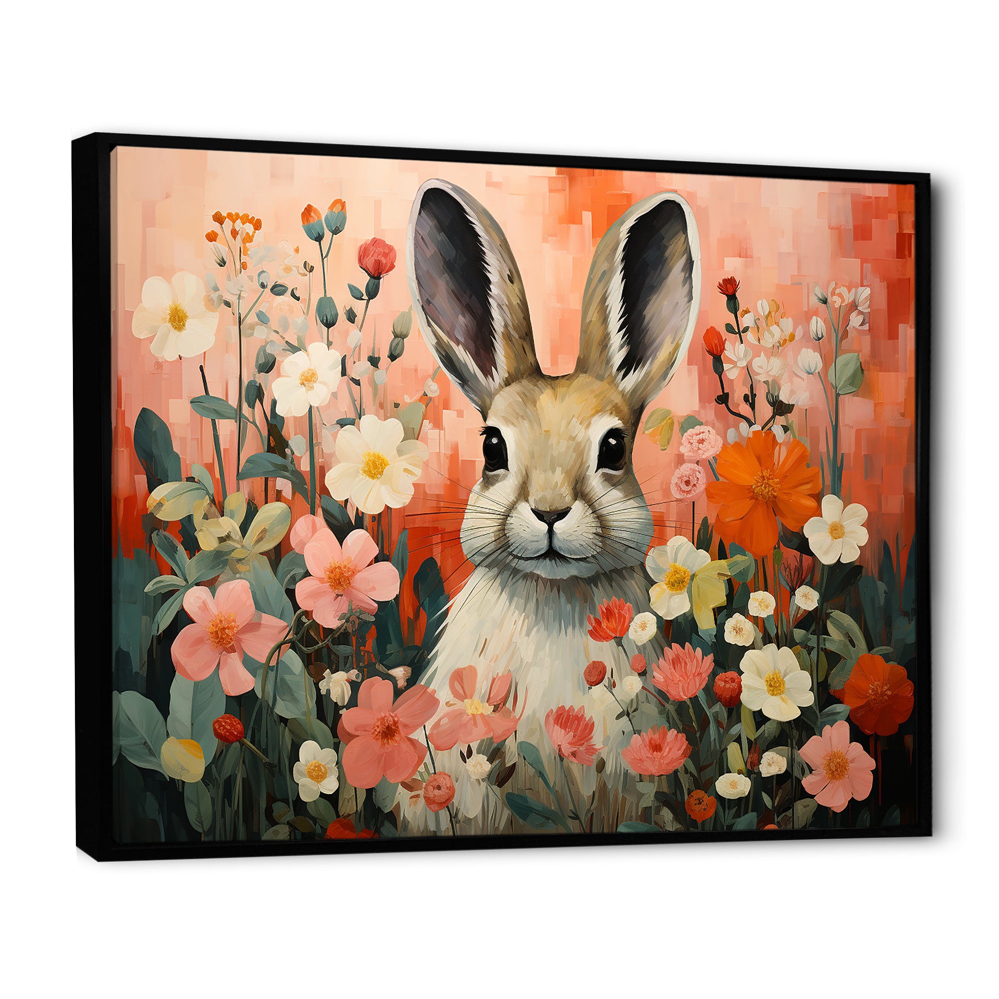 Pink Rabbit flower meadows - Rabbit Framed Canvas Art