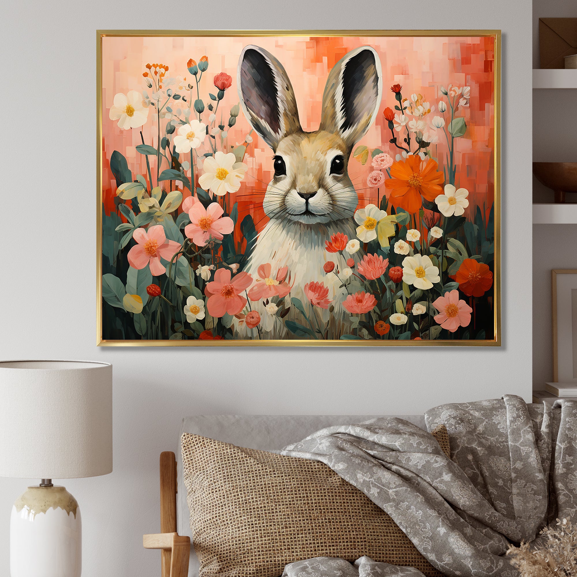 Pink Rabbit flower meadows - Rabbit Framed Canvas Art