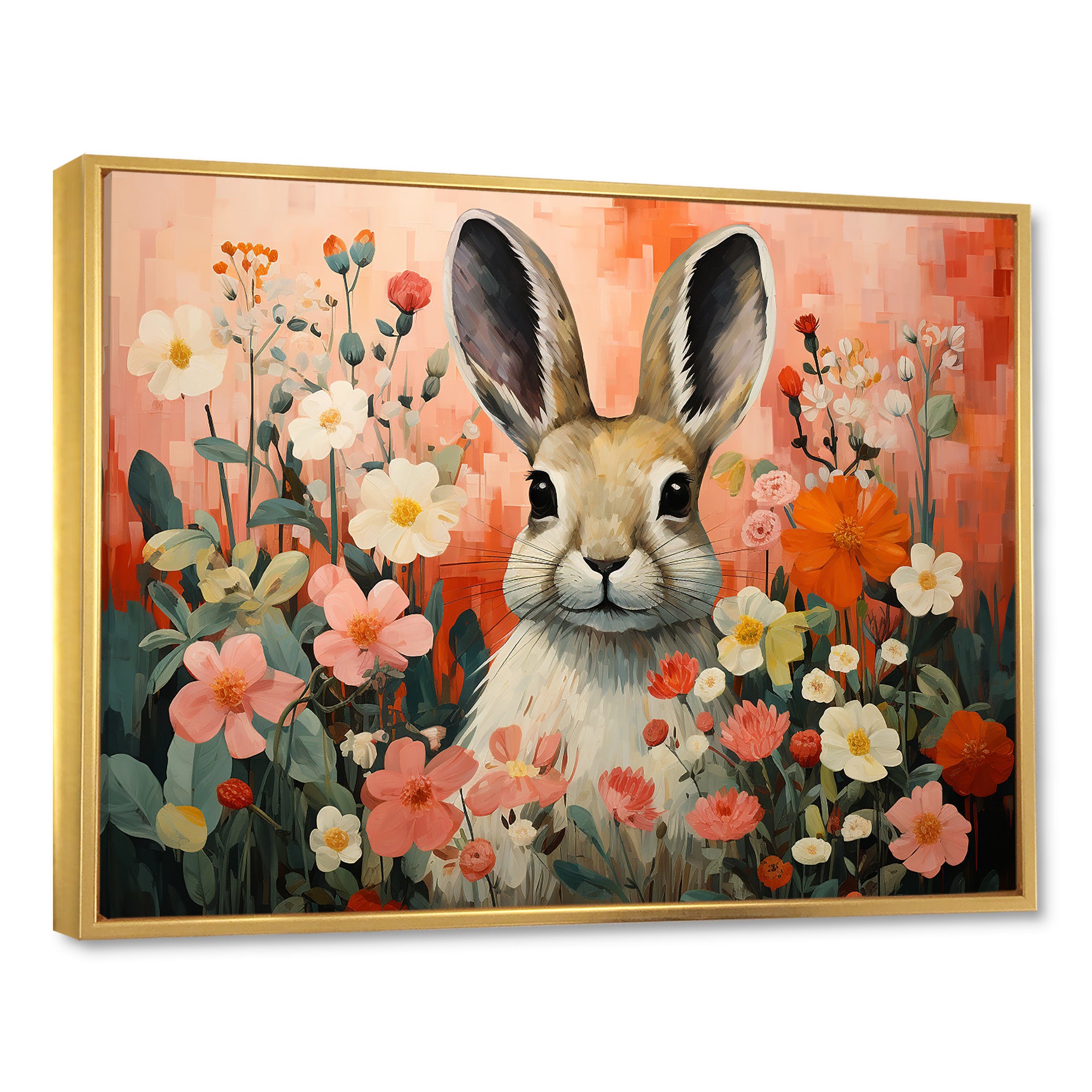 Pink Rabbit flower meadows - Rabbit Framed Canvas Art