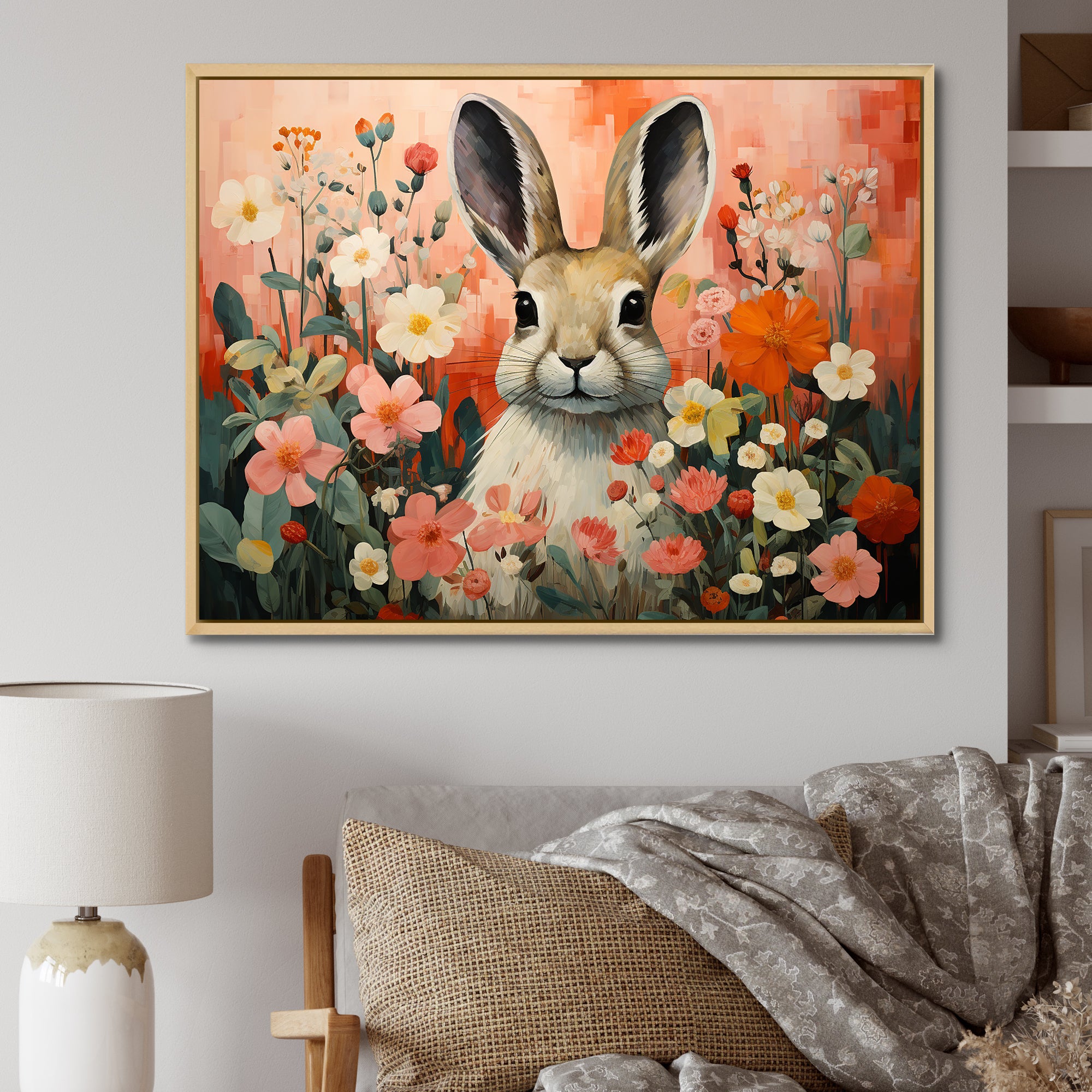Pink Rabbit flower meadows - Rabbit Framed Canvas Art