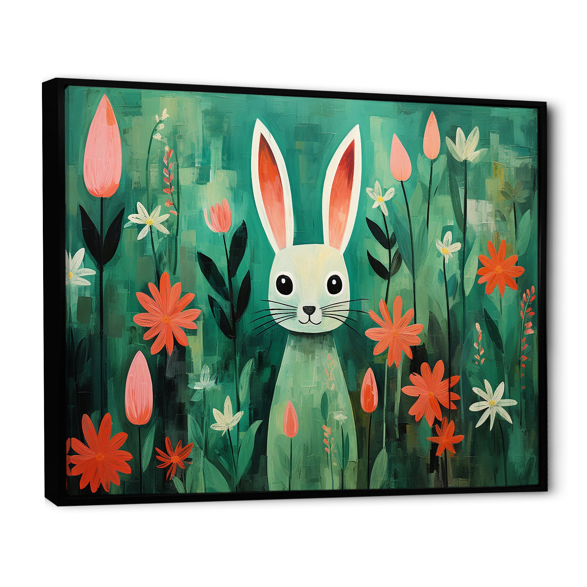 Green and pink Rabbit flower meadows - Rabbit Large Canvas Wall Art