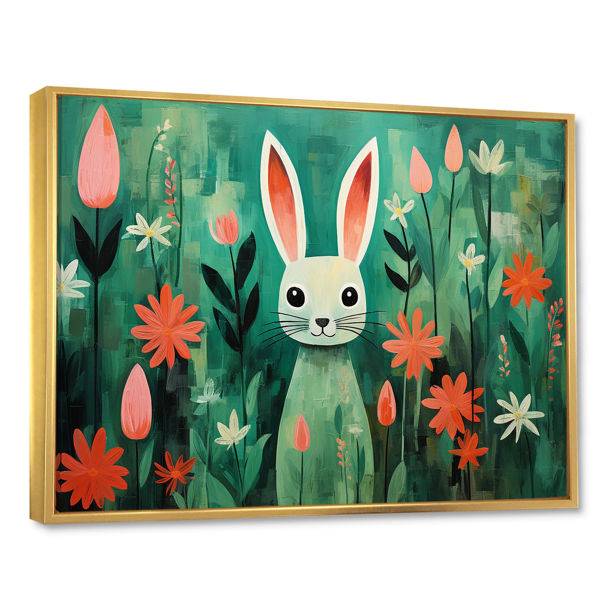 Green and pink Rabbit flower meadows - Rabbit Large Canvas Wall Art