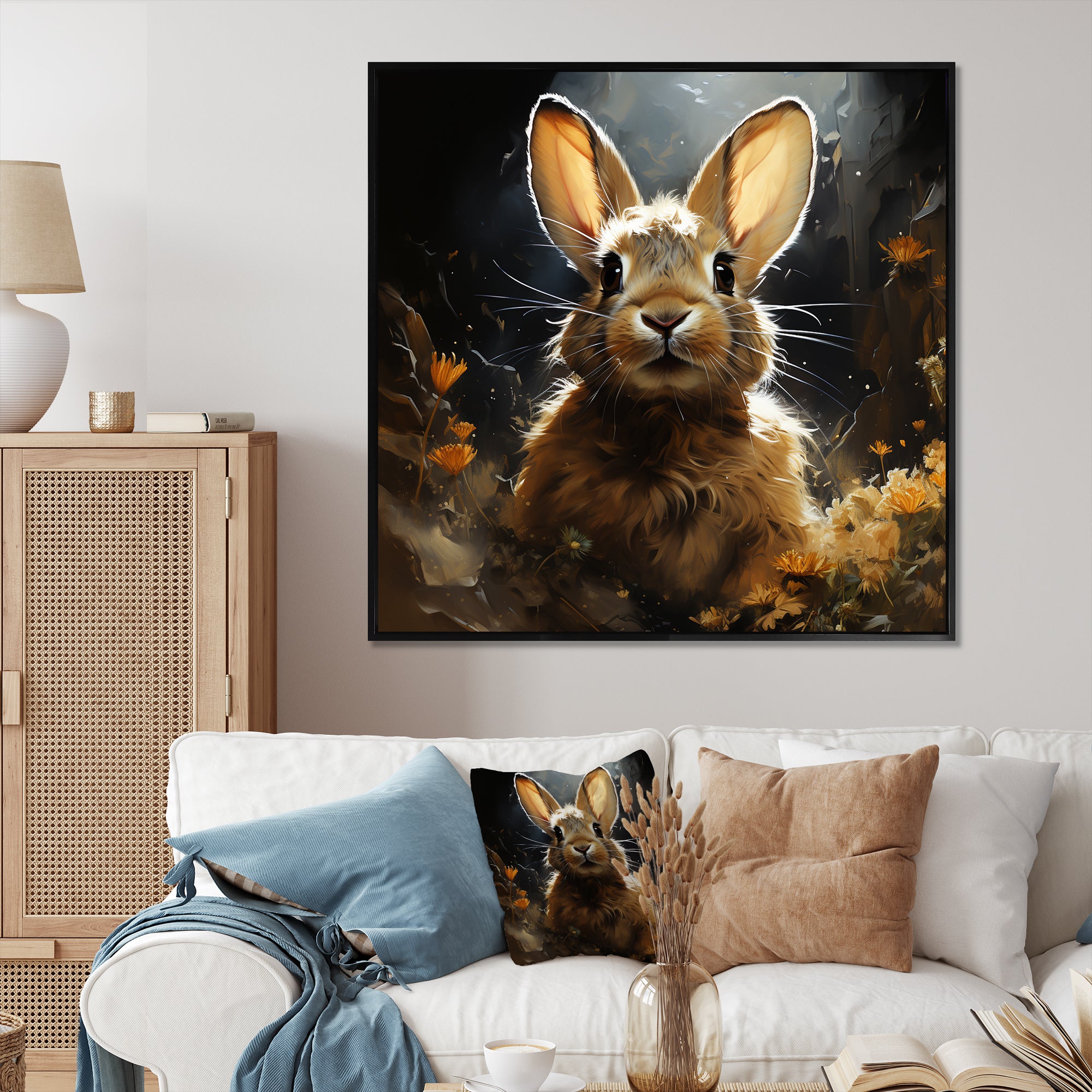 Curious floral rabbit meadow photo - Rabbit Living Room Wall Art