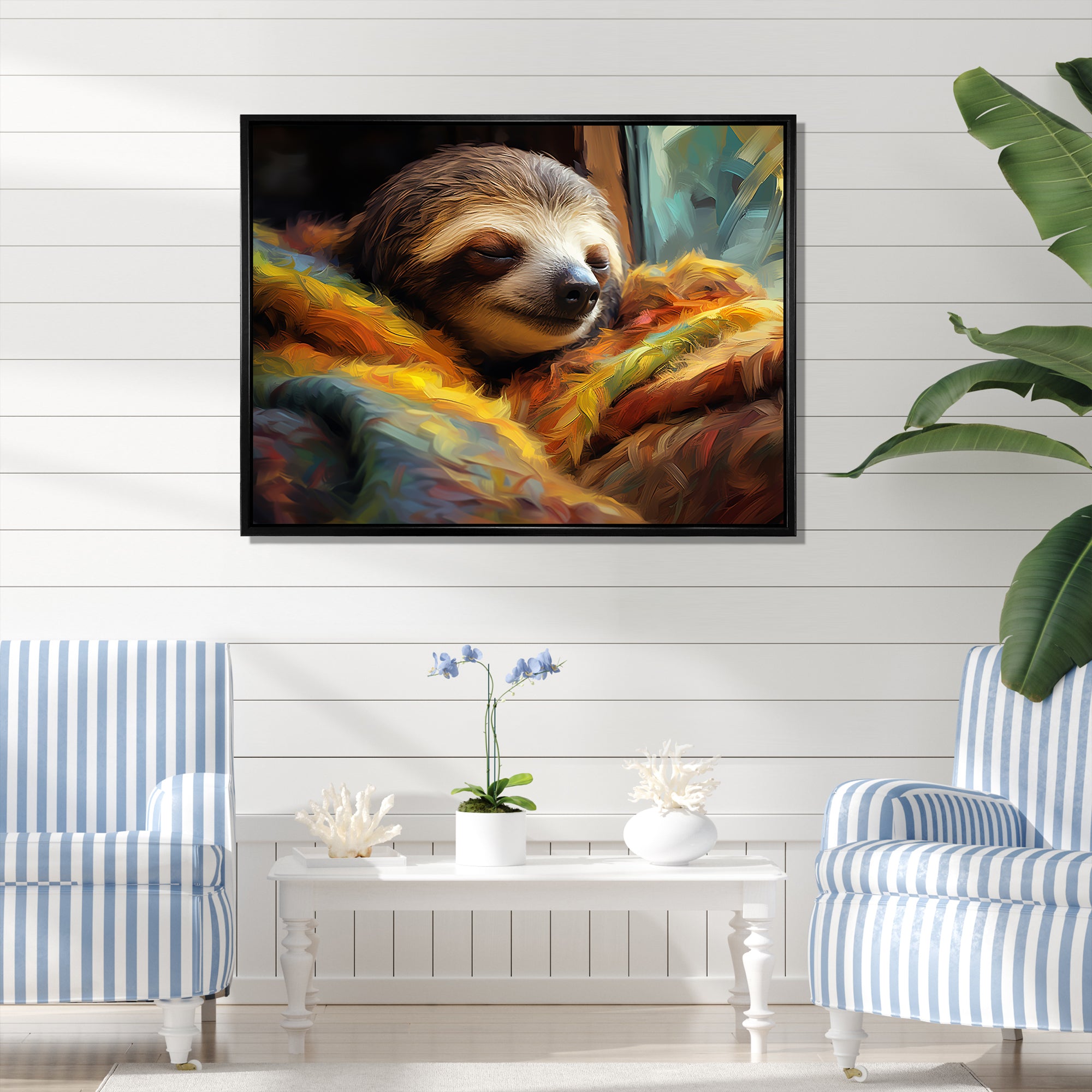 Grey and yellow Sloth Serenity sleep - Sloth Large Canvas Wall Art