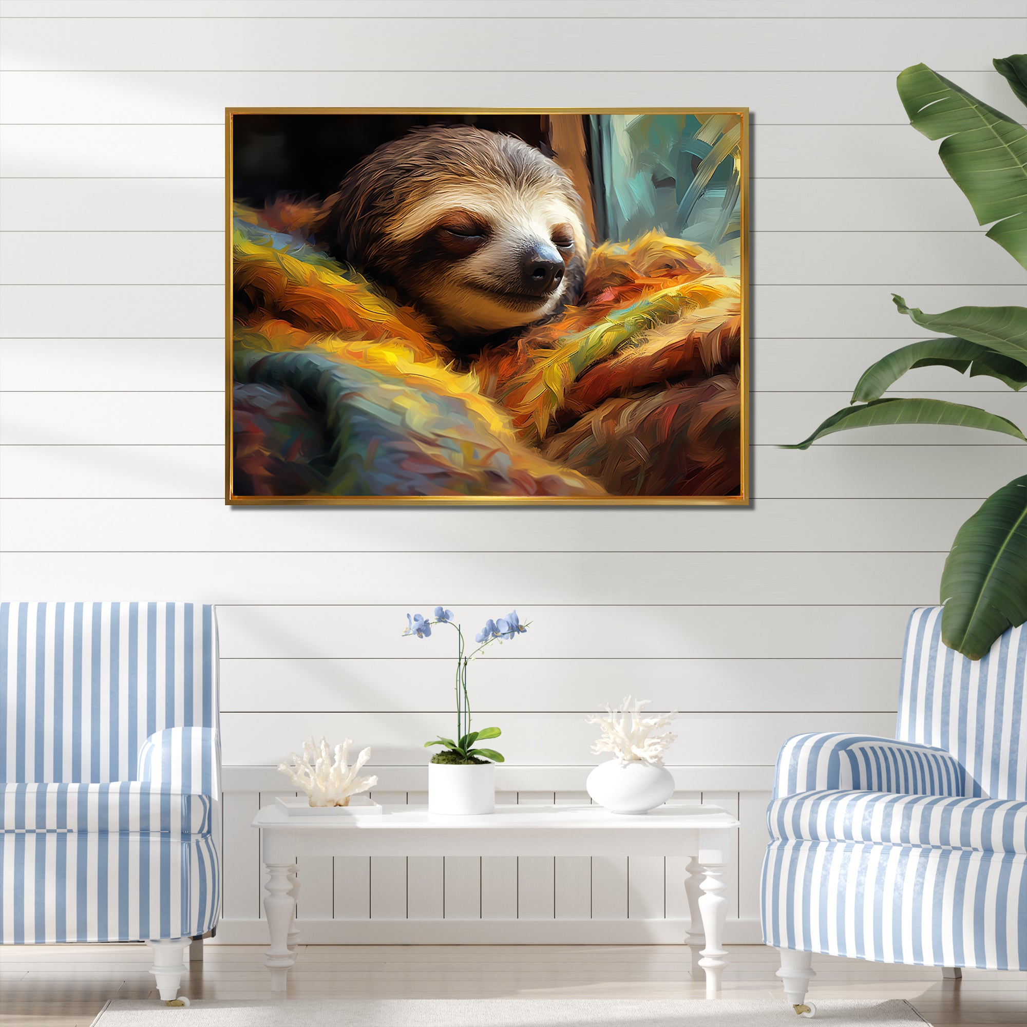 Grey and yellow Sloth Serenity sleep - Sloth Large Canvas Wall Art