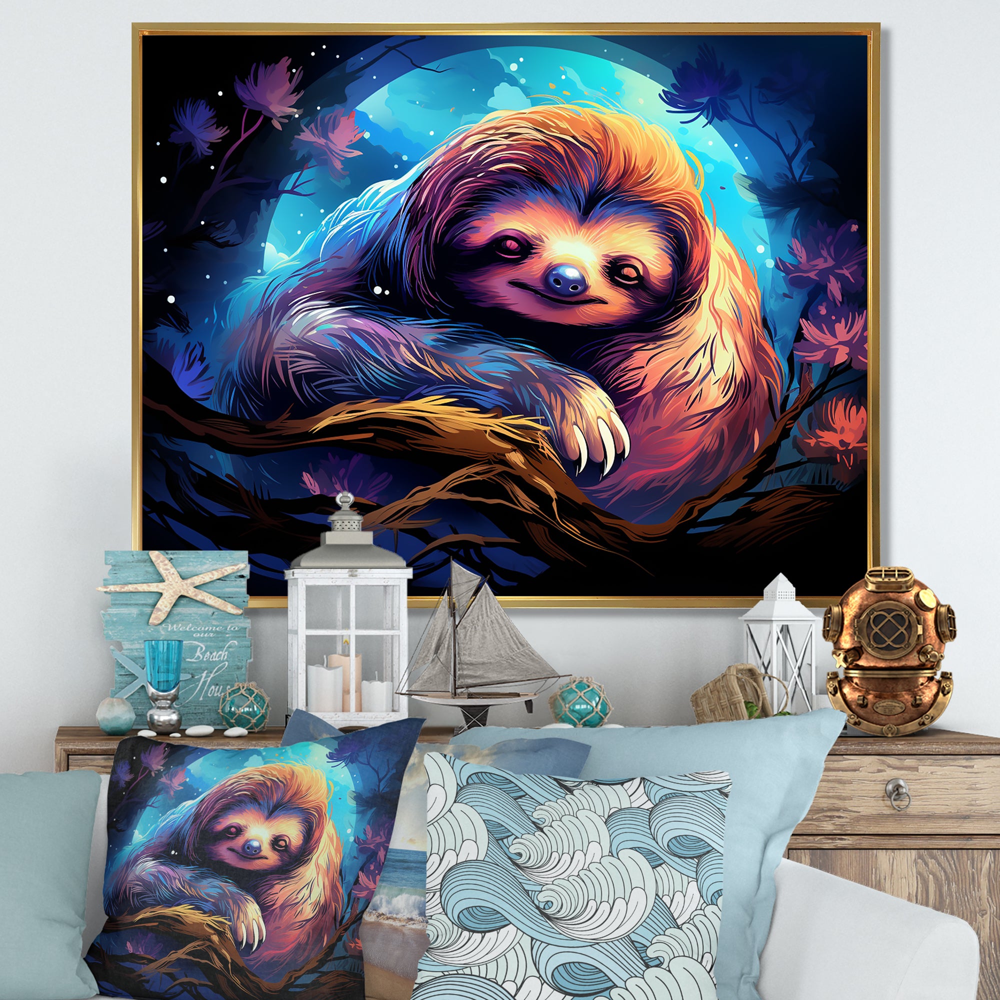Blue and purple Sloth Serenity sleep - Sloth Living Room Wall Art