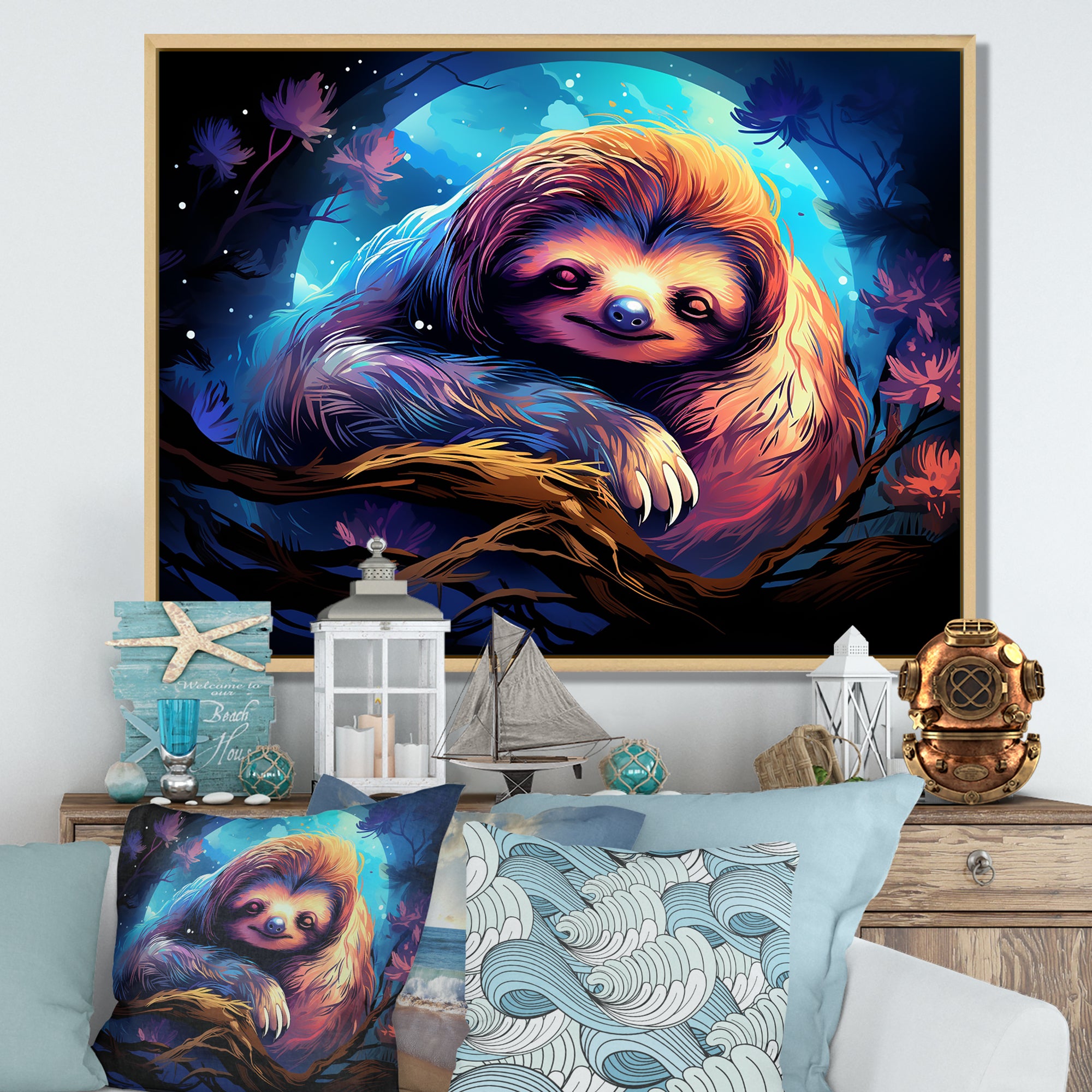 Blue and purple Sloth Serenity sleep - Sloth Living Room Wall Art