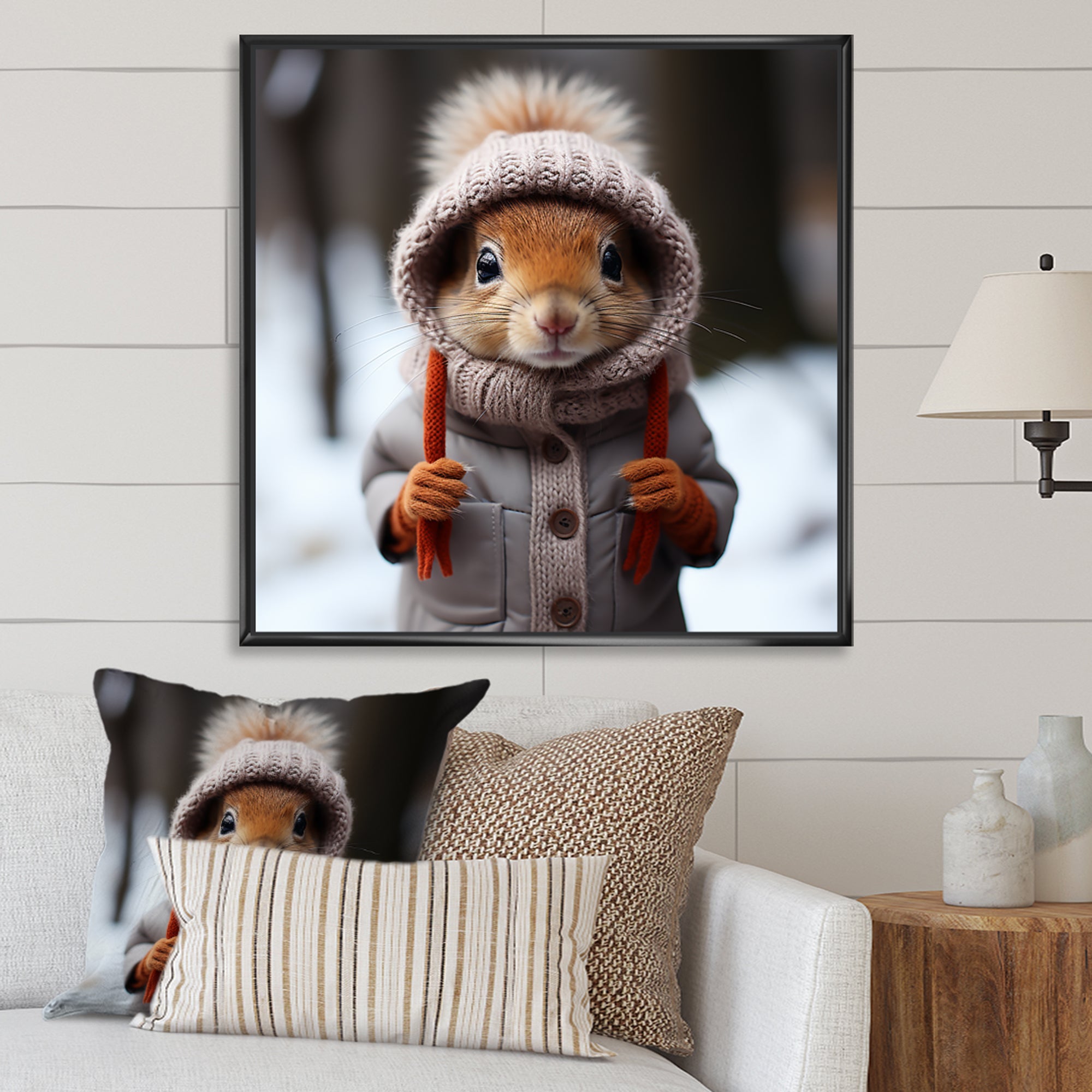 Squirrel with Hat in snow - Squirrel Canvas Wall Art