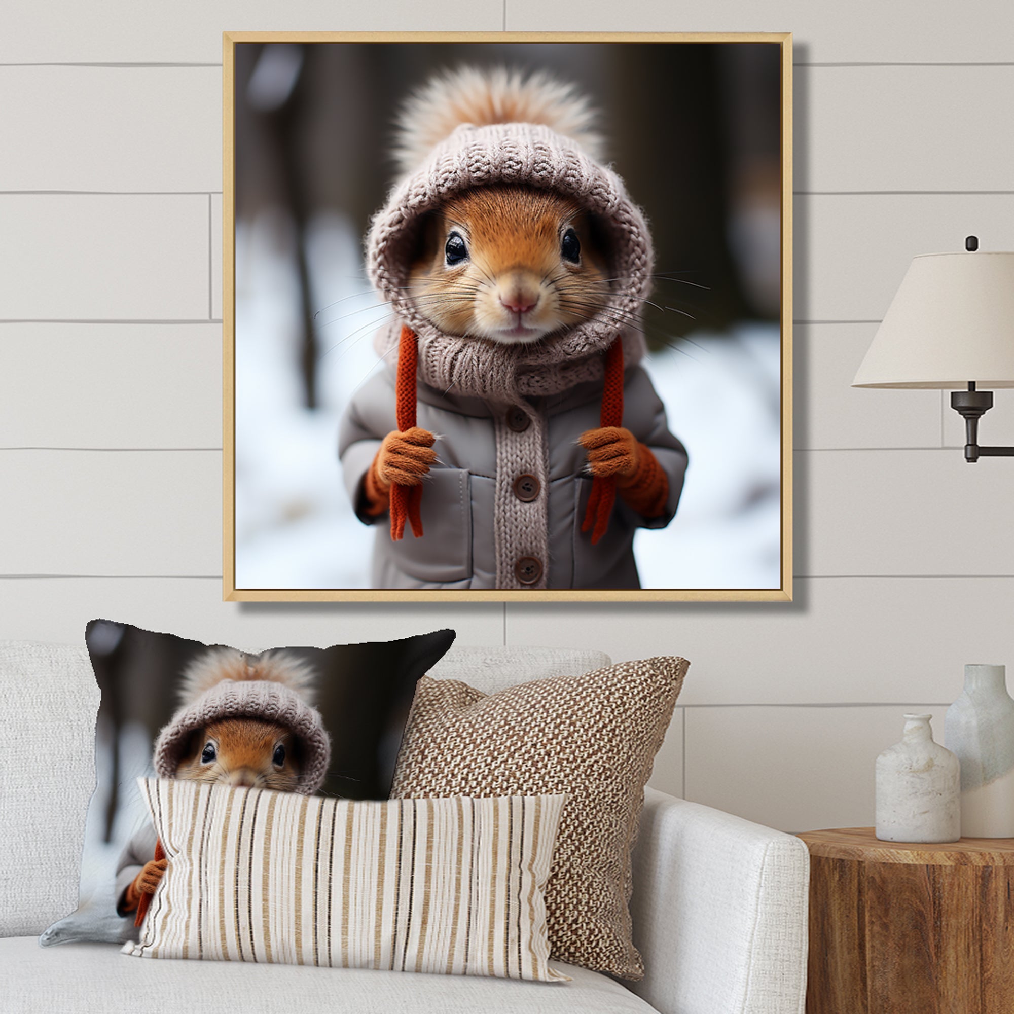 Squirrel with Hat in snow - Squirrel Canvas Wall Art