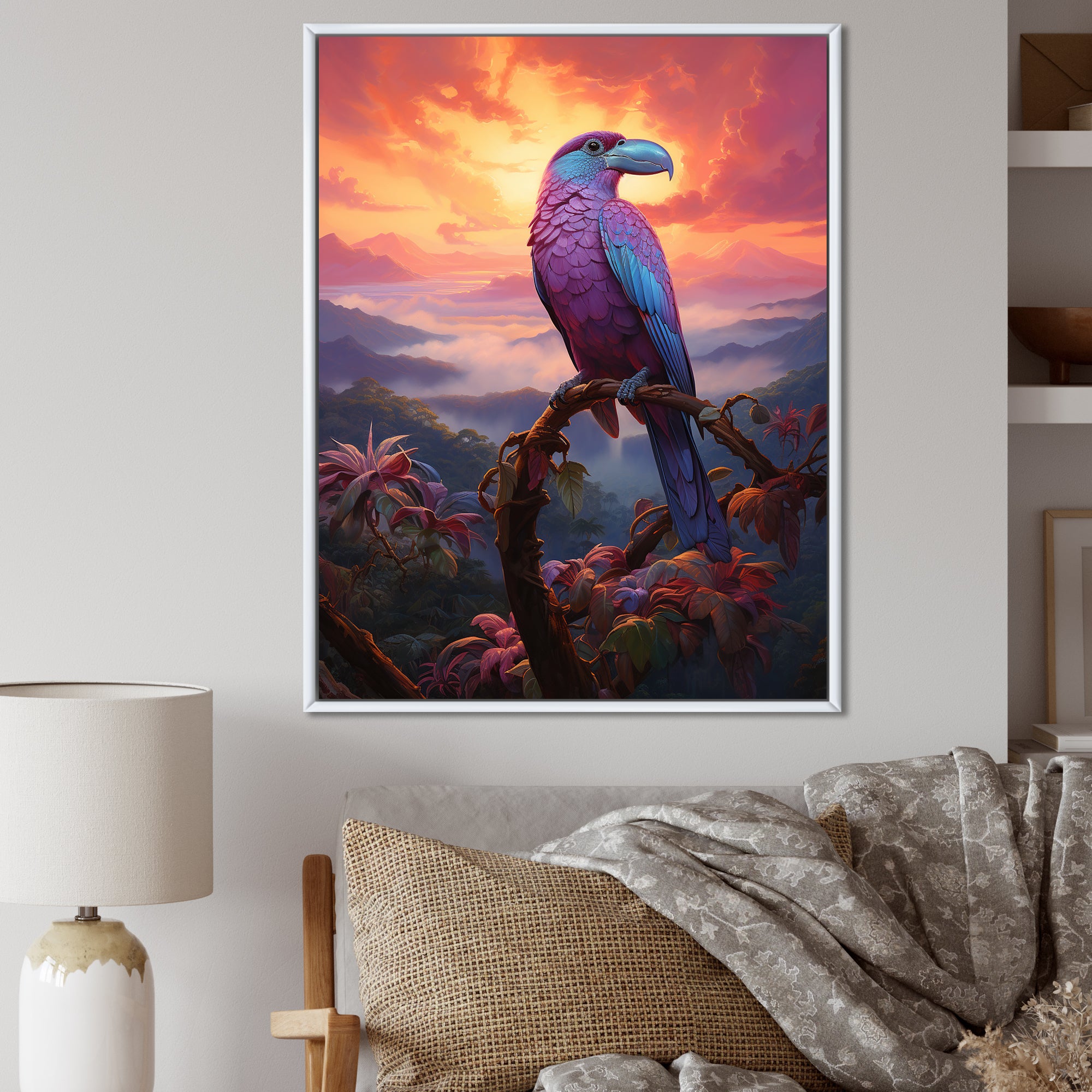Pink and yellow Tropical Toucan jungle sunset - Toucan Framed Canvas Art