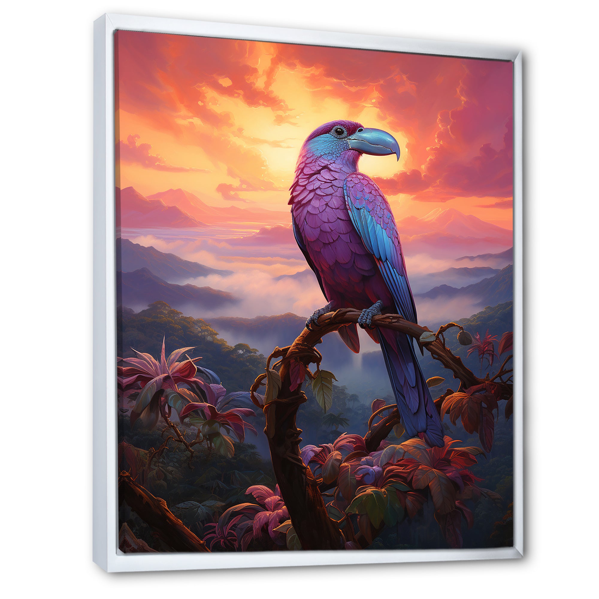 Pink and yellow Tropical Toucan jungle sunset - Toucan Framed Canvas Art
