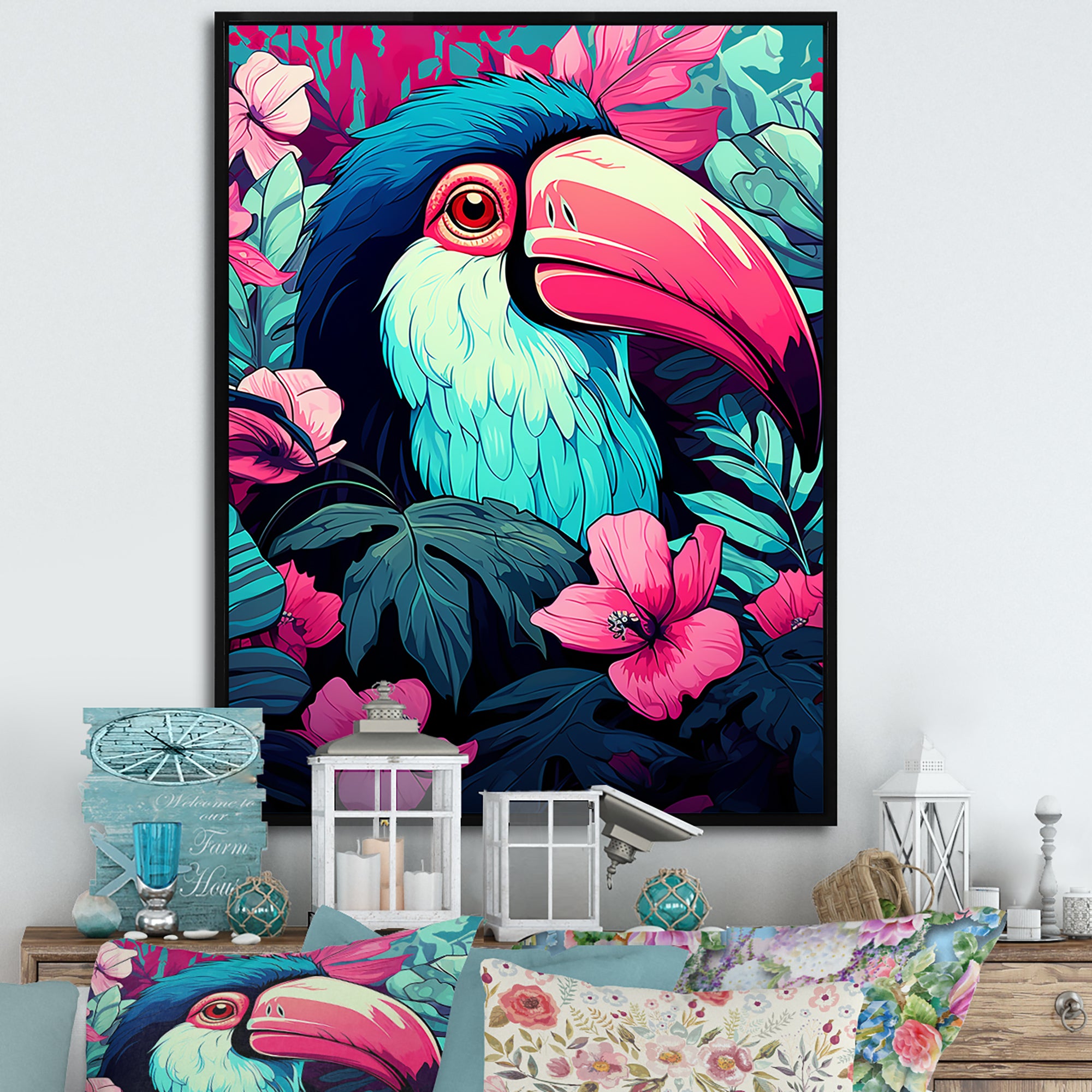Pink and blue Tropical Toucans - Toucan Bedroom Wall Art