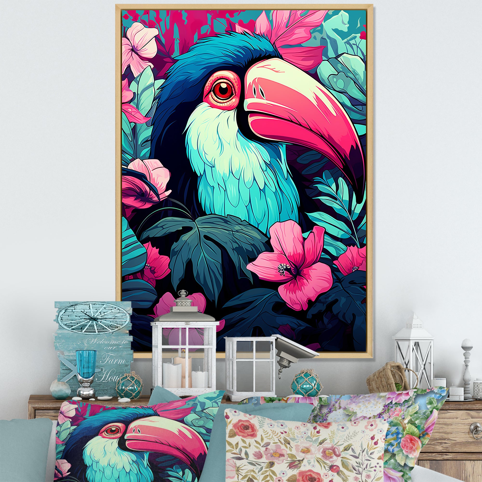 Pink and blue Tropical Toucans - Toucan Bedroom Wall Art