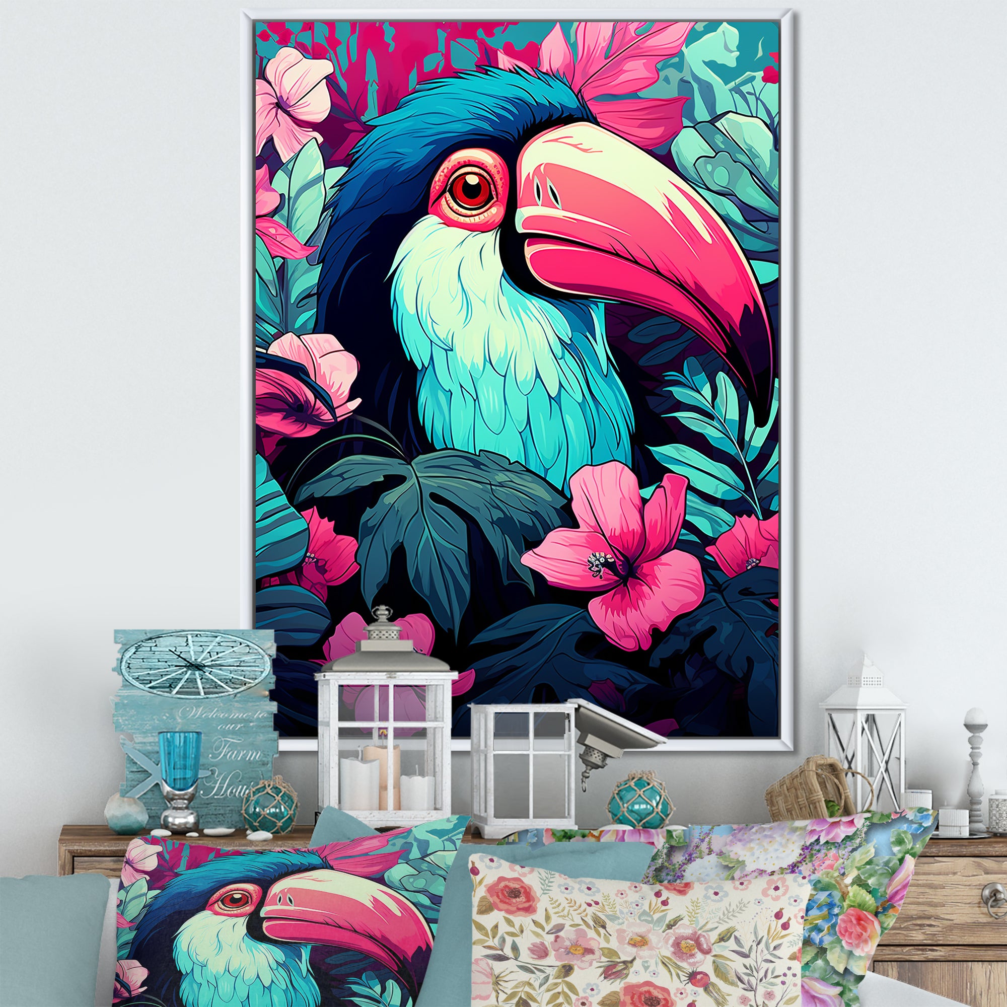 Pink and blue Tropical Toucans - Toucan Bedroom Wall Art