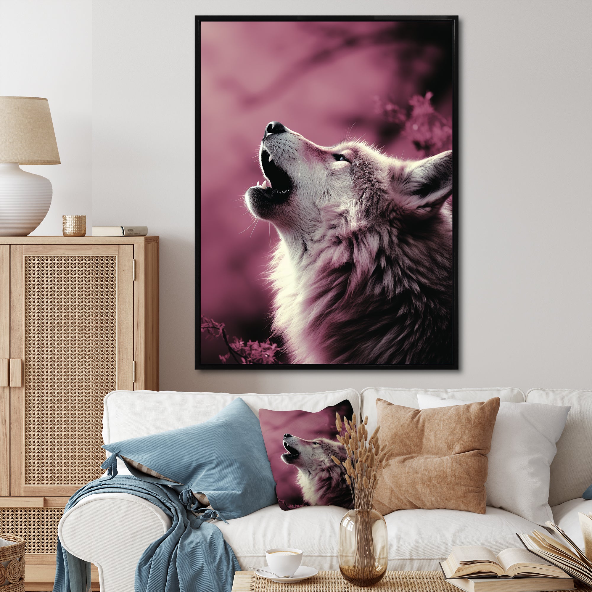 Pink Howling wolf at sunset - Wolf Wall Decor