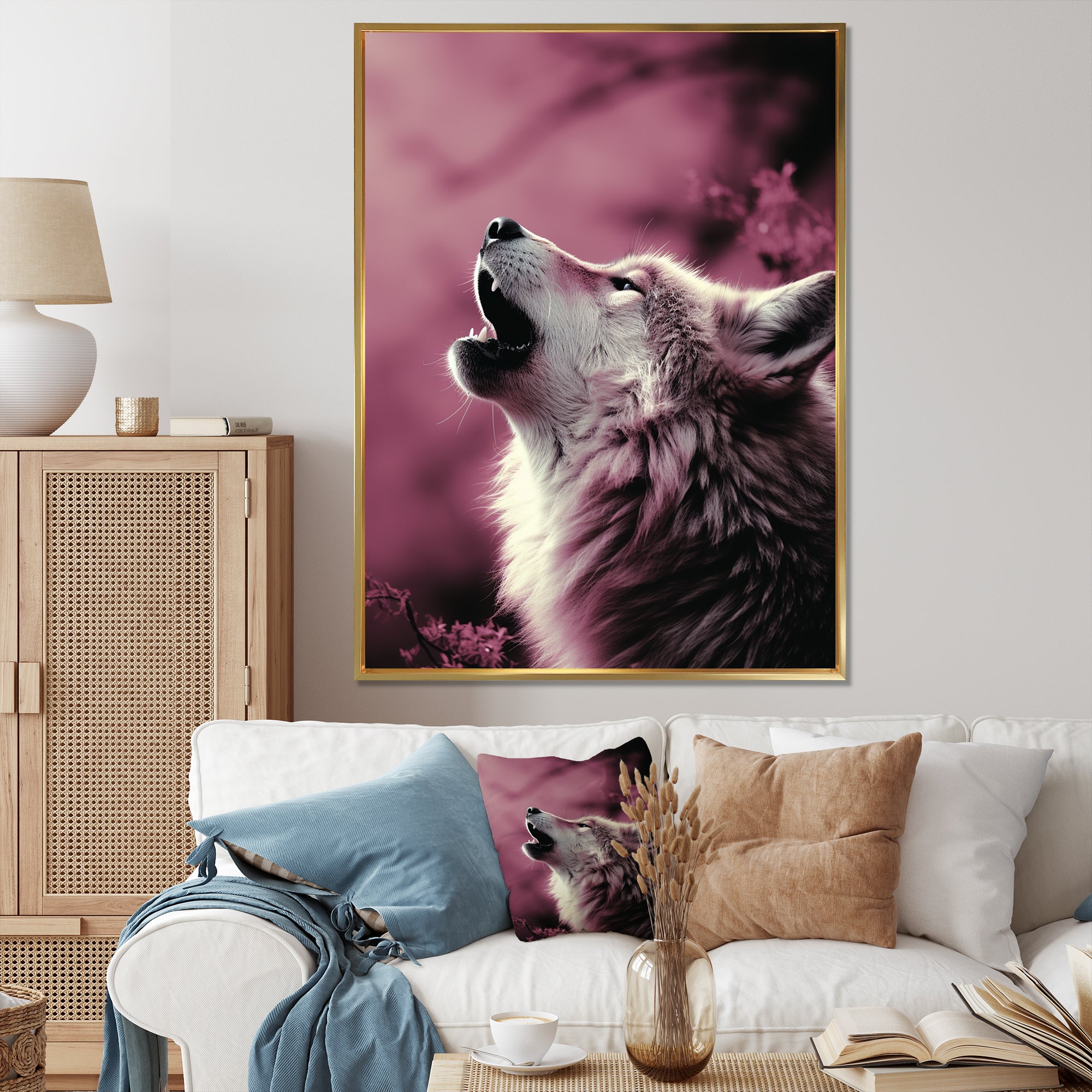 Pink Howling wolf at sunset - Wolf Wall Decor