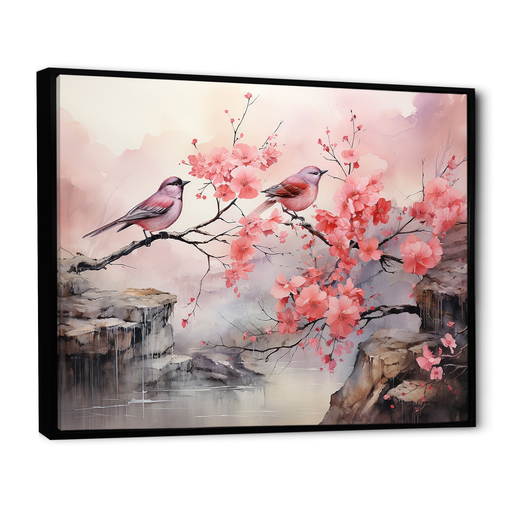Sakura Pink birds on pink blossom tree - Pink Bird Wall Art