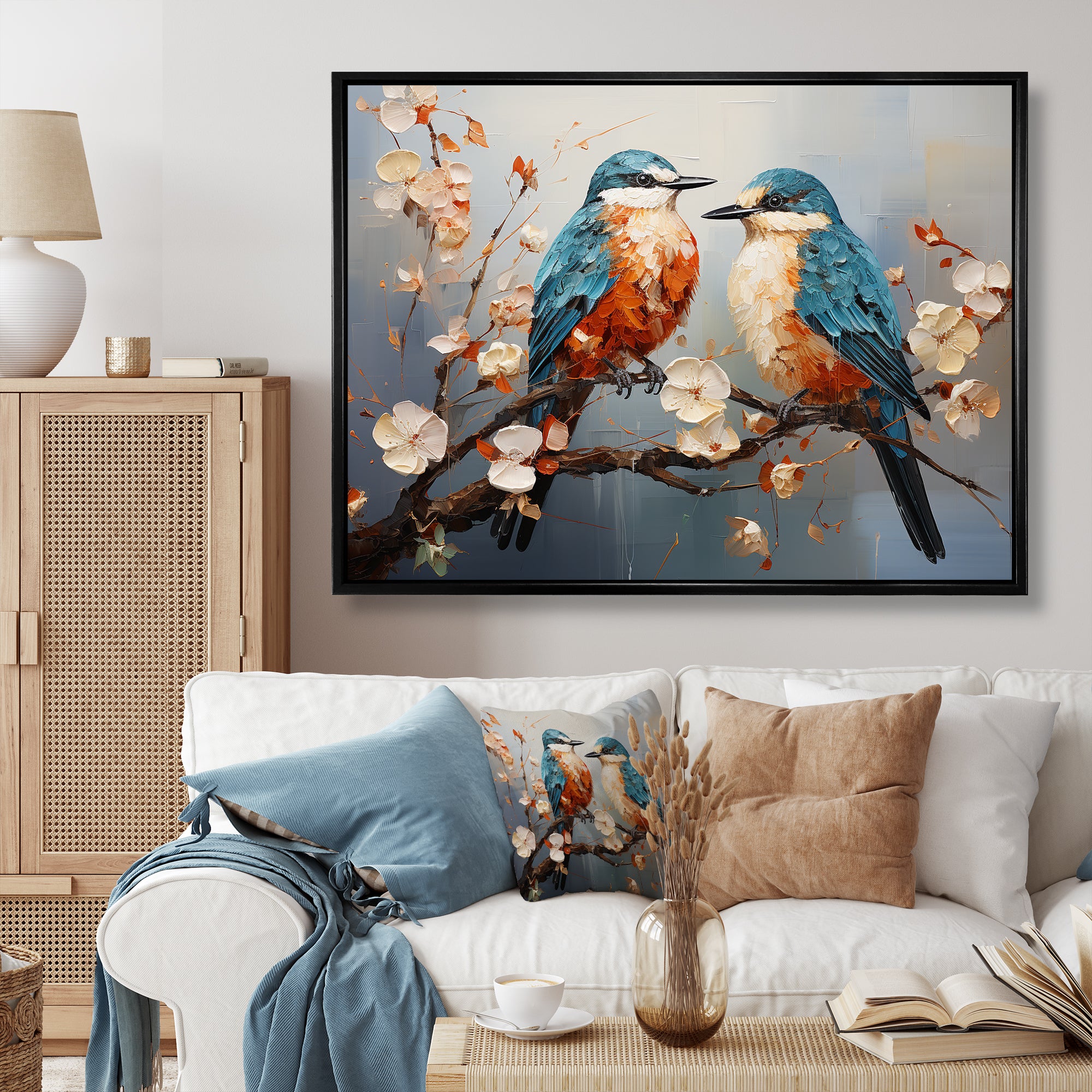 Orange and blue birds on blossom tree - Bird Living Room Wall Art
