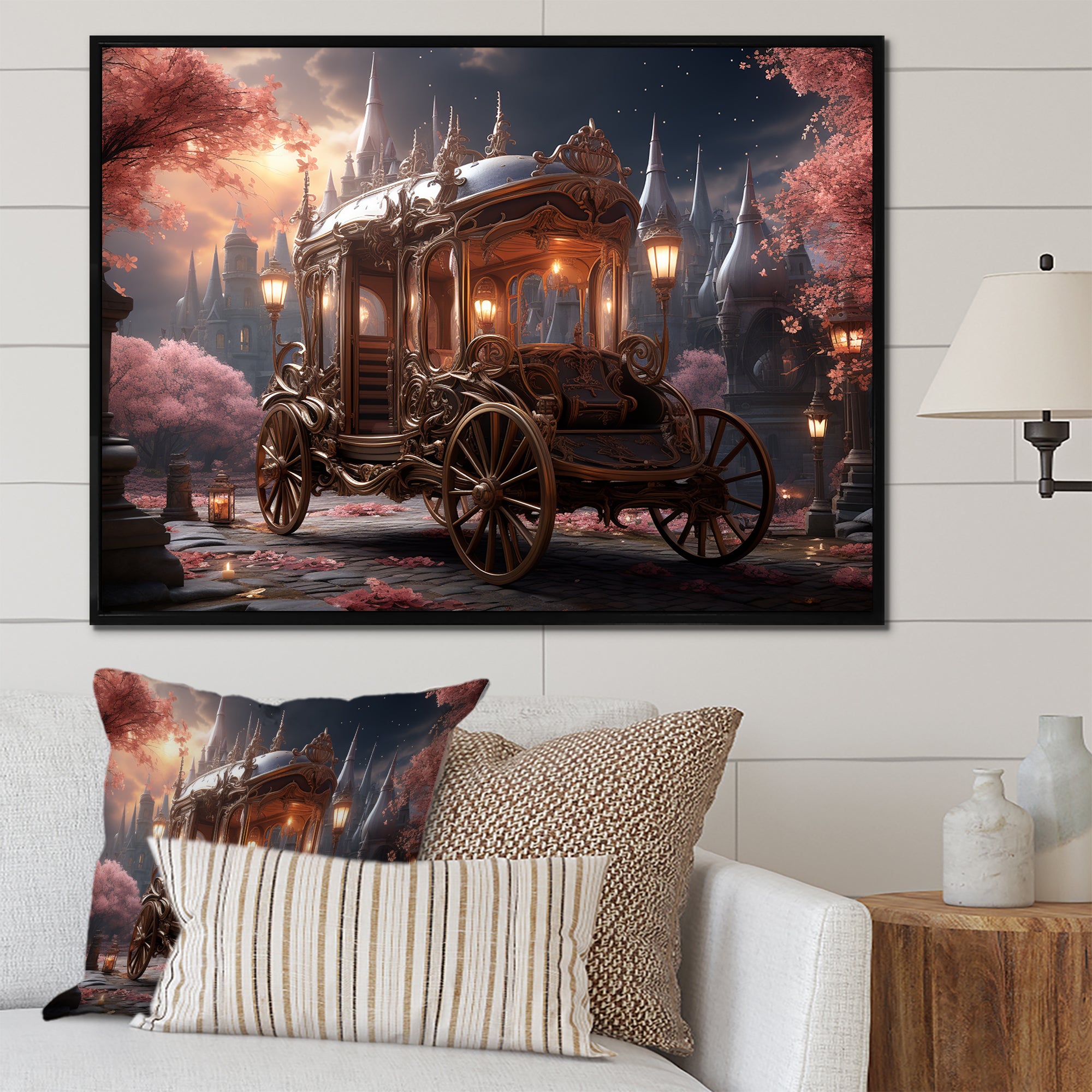 Floral Pink Princess Carriage - Old American Cart Canvas Wall Art