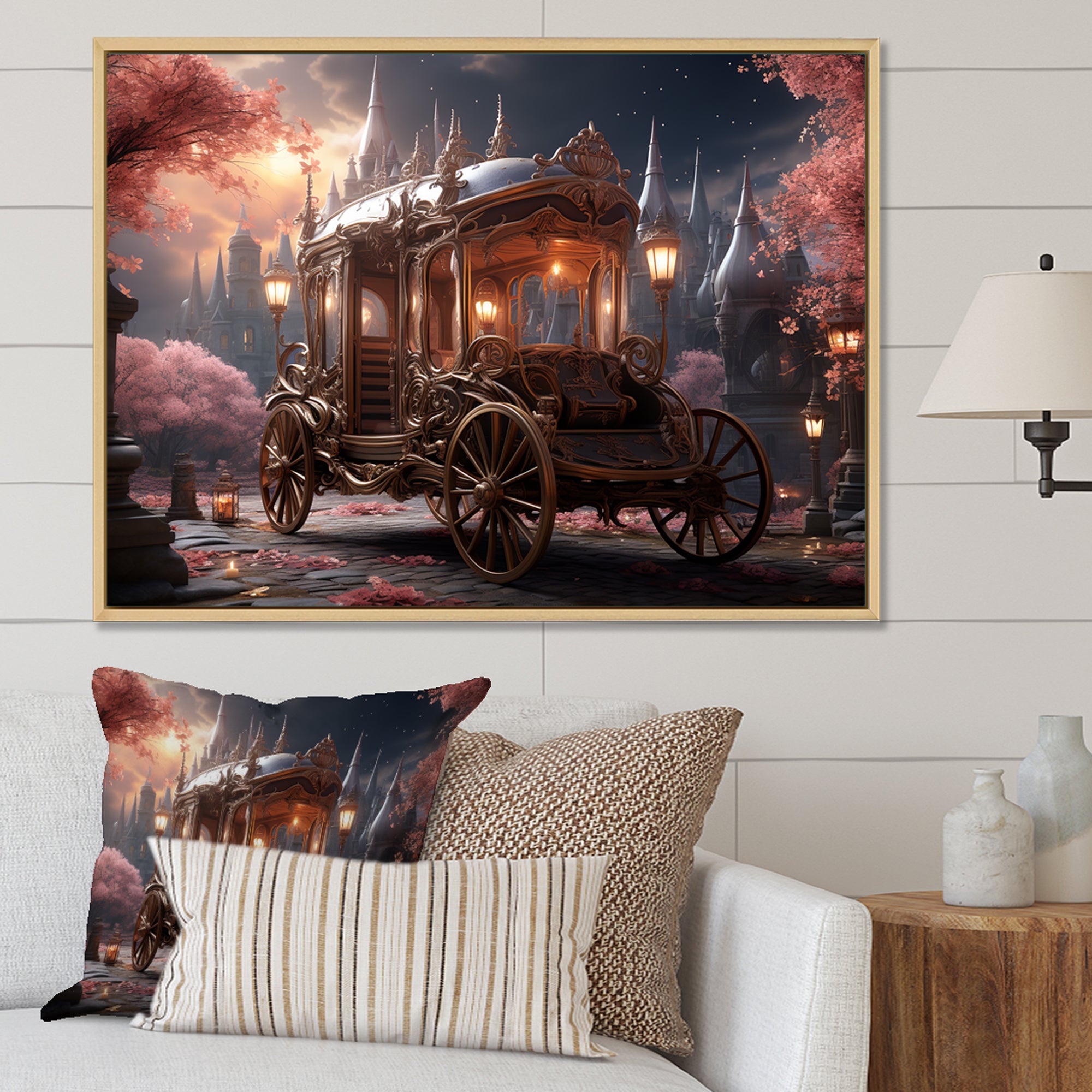 Floral Pink Princess Carriage - Old American Cart Canvas Wall Art