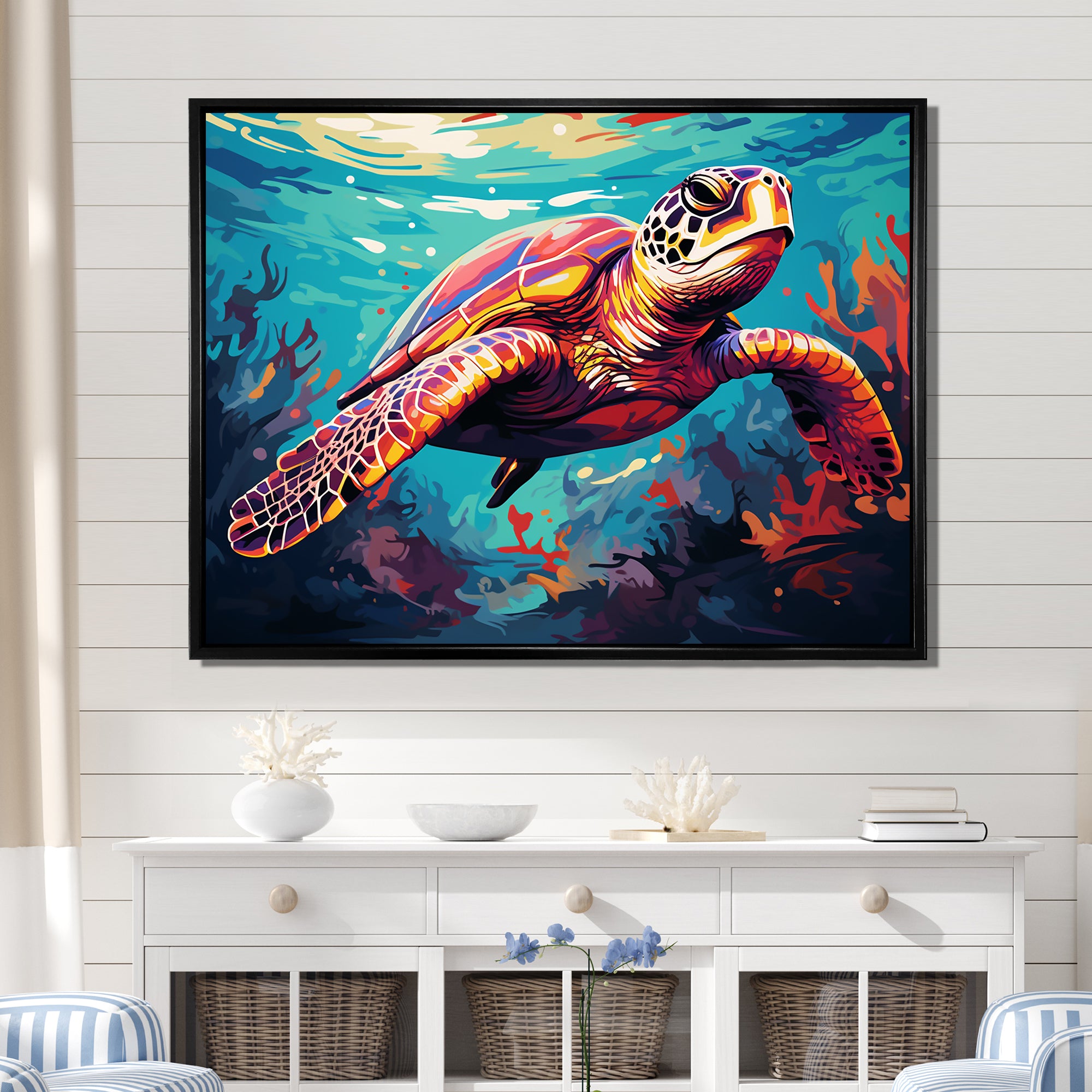 Pop art curious Turtle Aquatic Dance - Turtle Canvas Wall Art