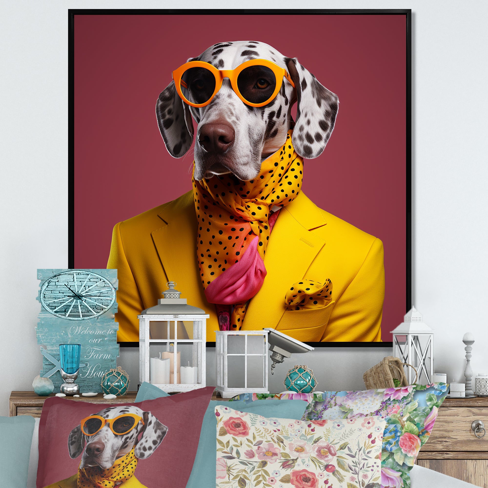 Yellow and orange Fashion first suited dog - Dog Framed Canvas Art